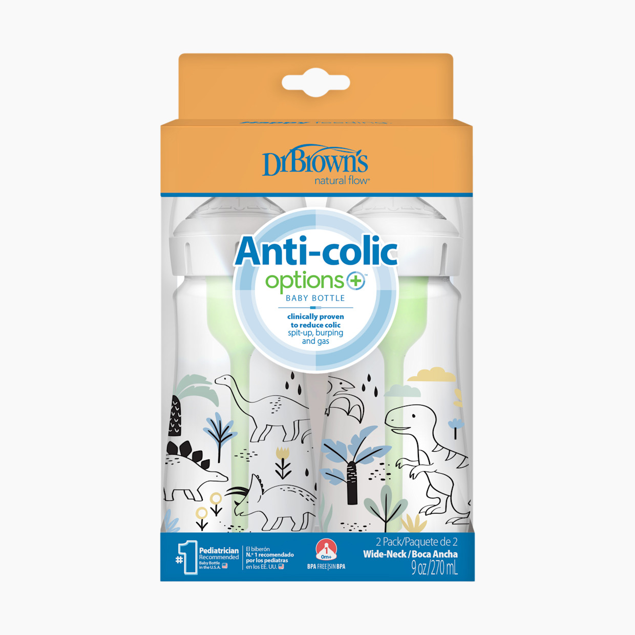 Dr. Brown's Anti-colic Options+ Wide-Neck Baby Bottle, 5oz (2 Pack) - Dino Designs, 9 Oz.