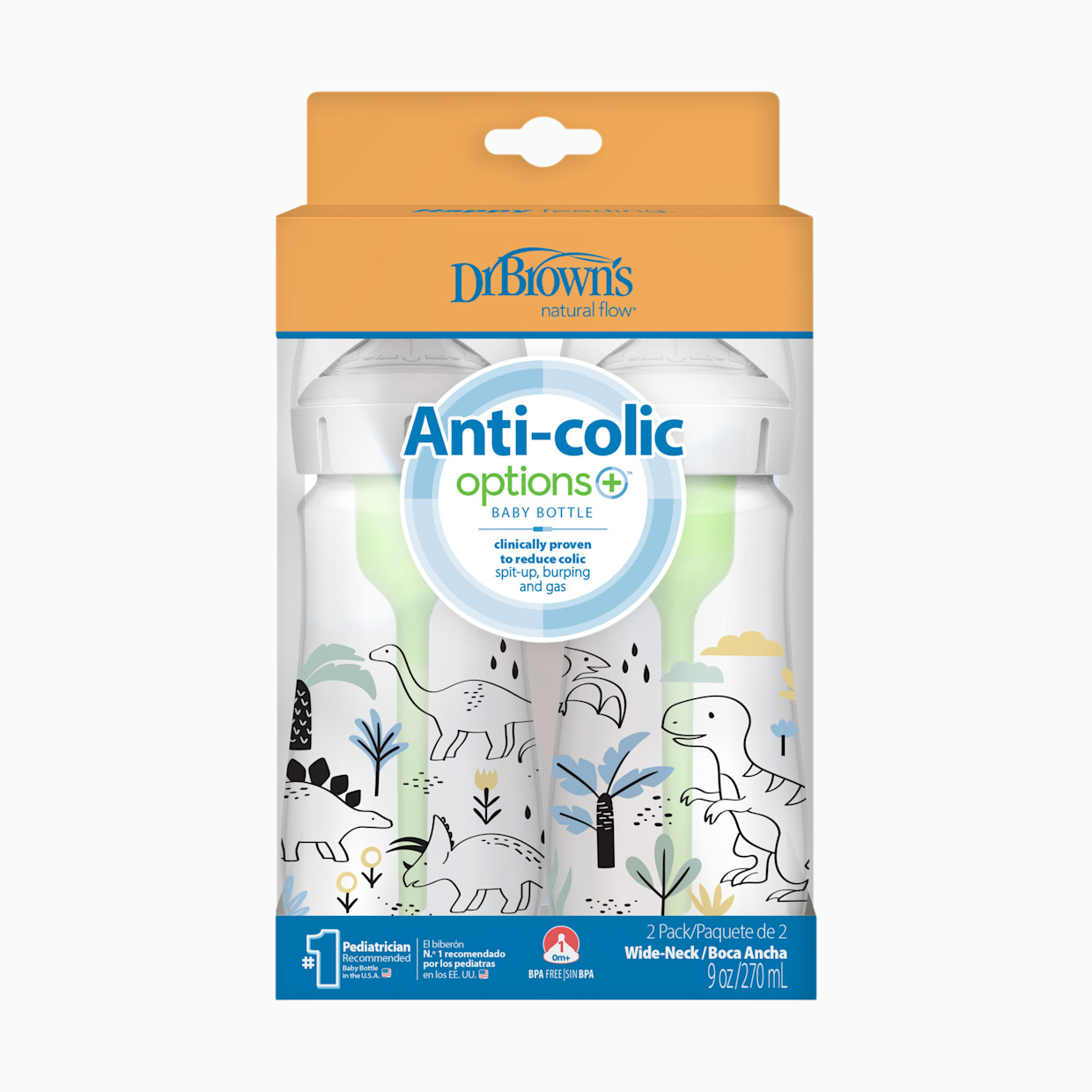 Dr. Brown's Anti-colic Options+ Wide-Neck Baby Bottle, 5oz (2 Pack) - Dino Designs, 9 Oz.