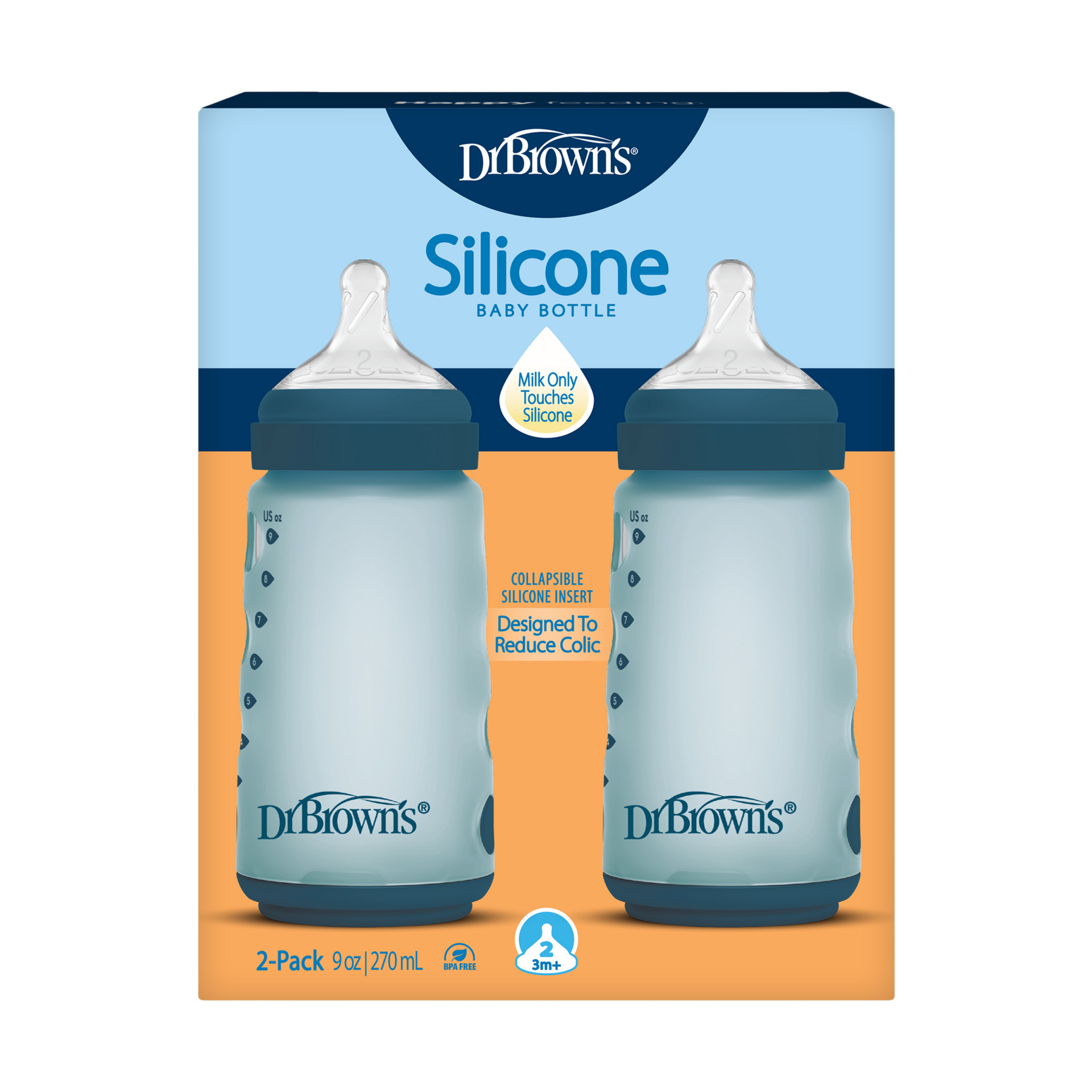 Dr. Brown's Options+ Wide-Neck Silicone Baby Bottles - Blue, 9 Oz.