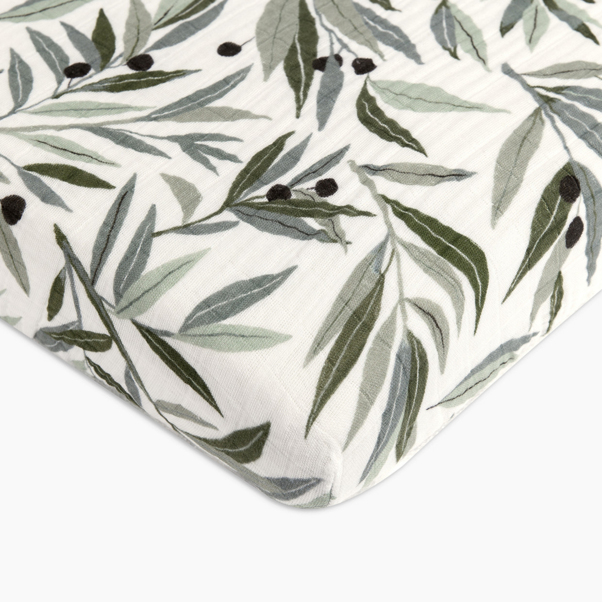 babyletto Mini Crib Sheet in GOTS Certified Organic Muslin Cotton - Olive Branches.