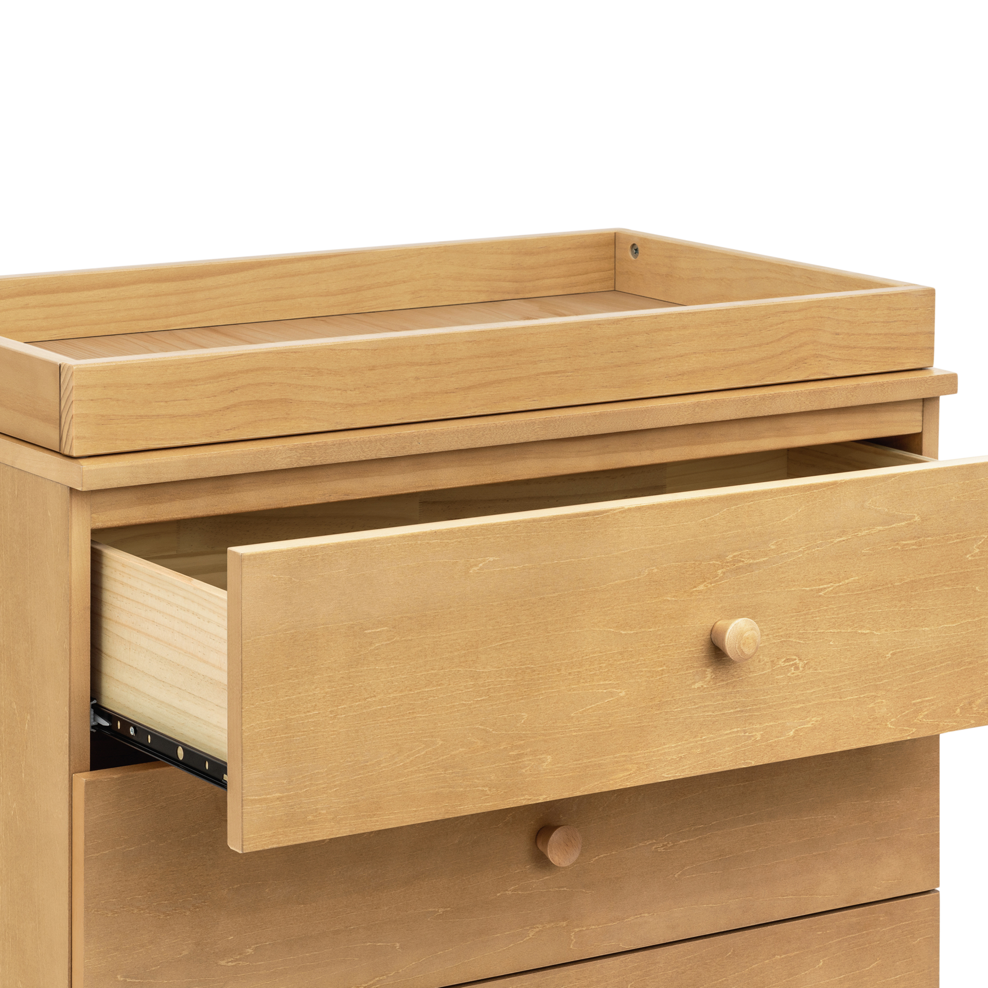 babyletto Gelato 3-Drawer Changer Dresser - Honey With Vegan Tan Leather Feet.