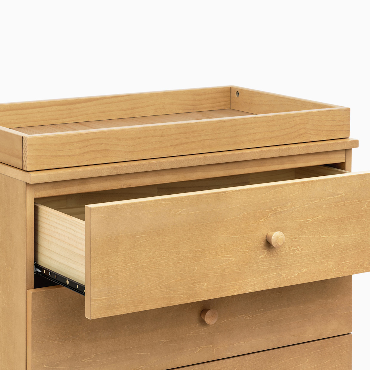 babyletto Gelato 3-Drawer Changer Dresser - Honey With Vegan Tan Leather Feet.