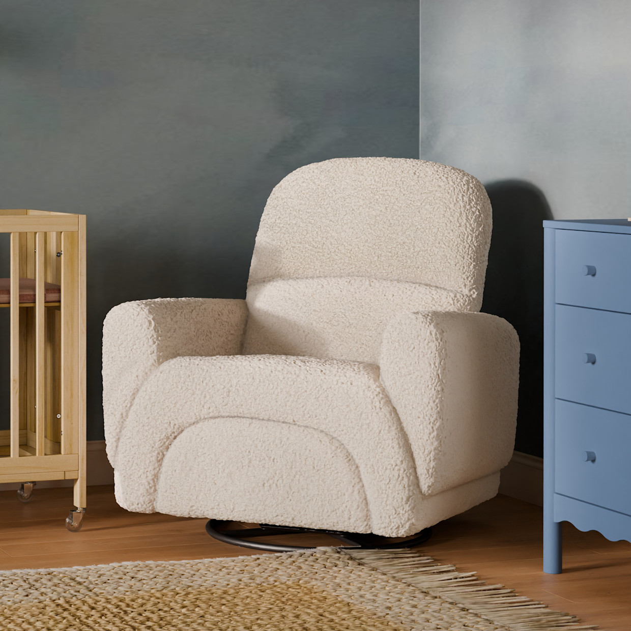 babyletto Rainbow Recliner and Swivel Glider - Almond Teddy Loop.