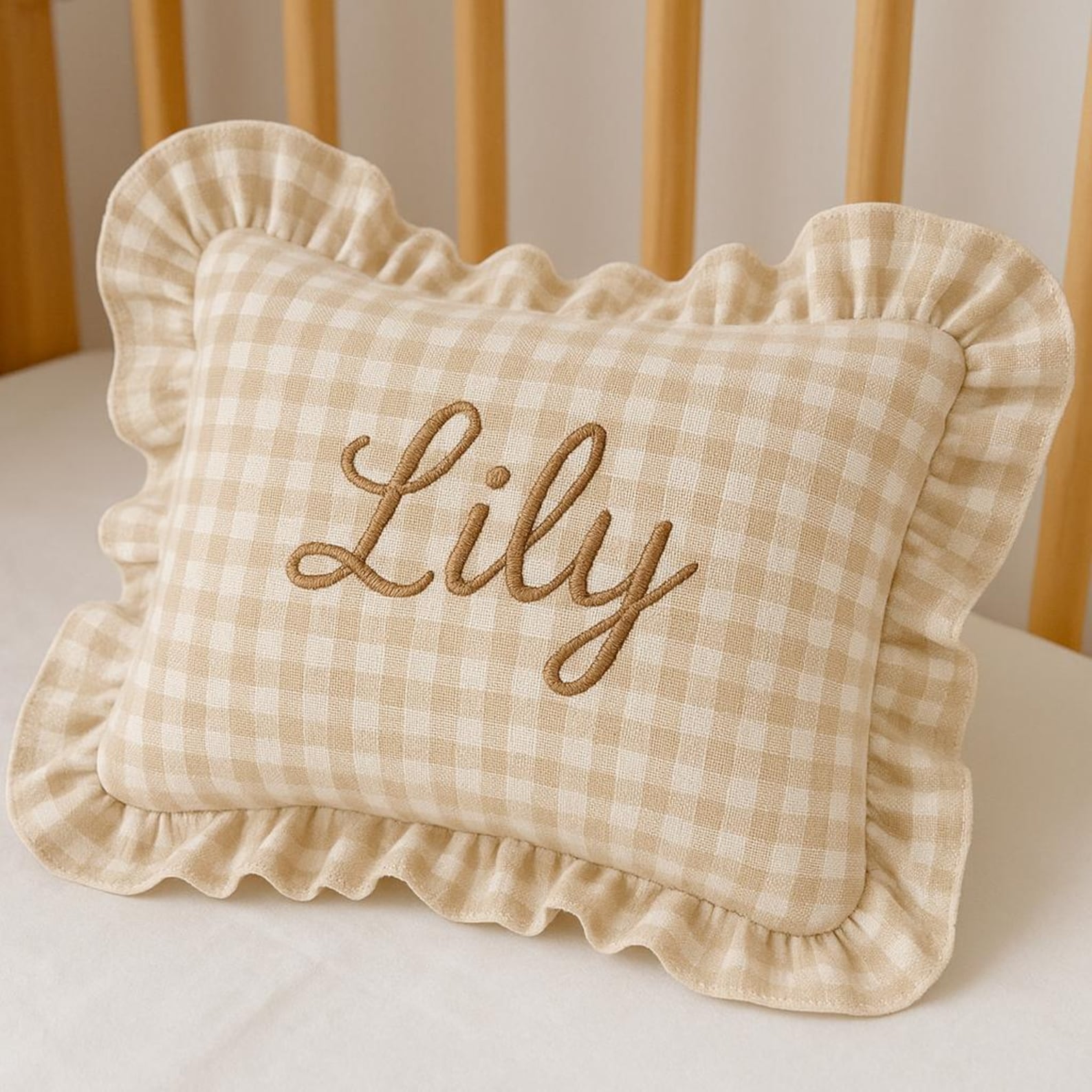 Personalized Baby Name Pillow with Ruffles.