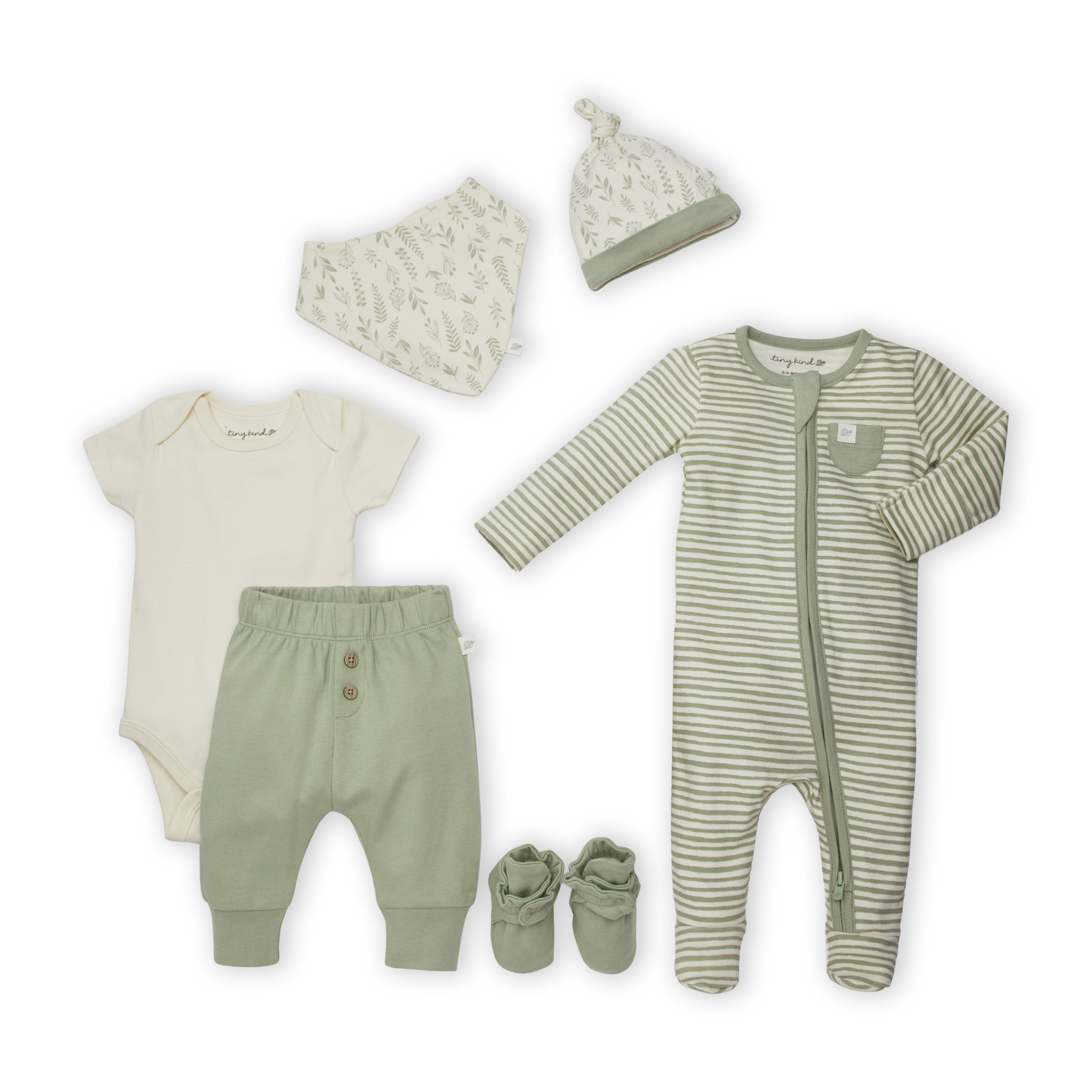 Tiny Kind Layette Essentials Organic Cotton 6-Piece Gift Set - Sage Multi Leaf, 0-3 M.