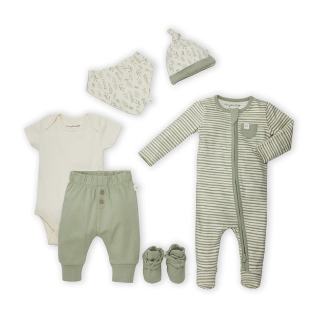 Tiny Kind Layette Essentials Organic Cotton 6-Piece Gift Set - Sage Multi Leaf, 0-3 M.