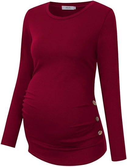 Coolmee Maternity  Shirt Side Button and Ruched Maternity Tunic Tops Maternity Short Sleeve T-Shirts .