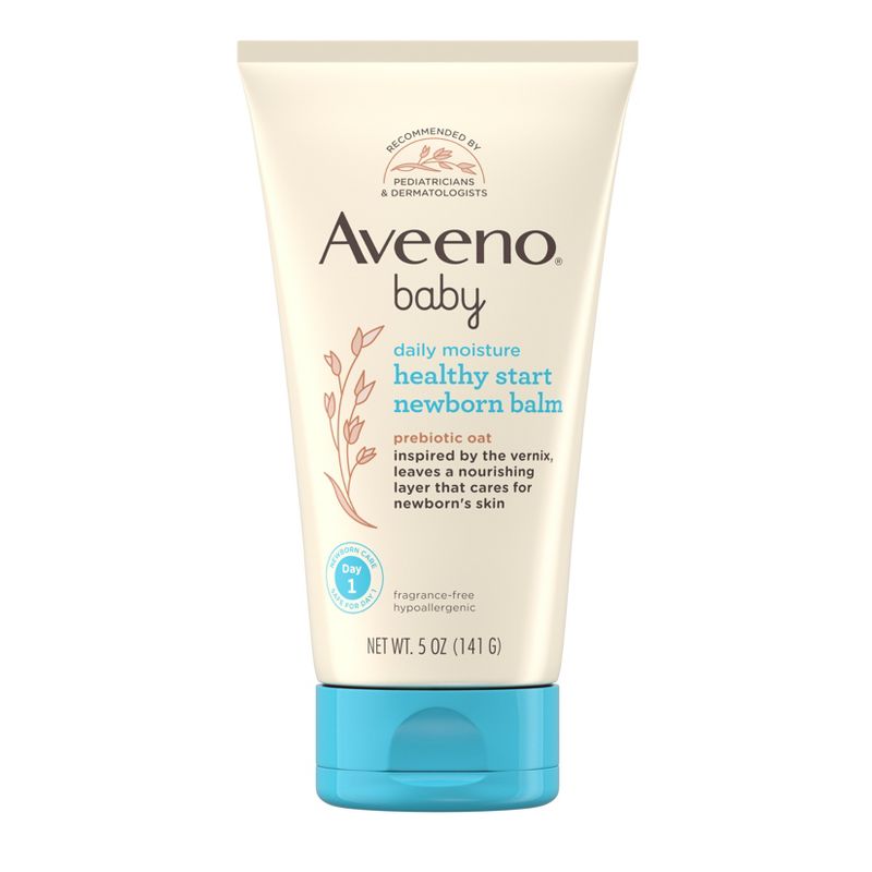 Aveeno Baby Healthy Start Nourishing Newborn Balm, Hypoallergenic Baby Skin Balm with Prebiotic Oat Leaves a Nourishing Layer to Care for Newborn Skin, Fragrance-Free, 5 oz