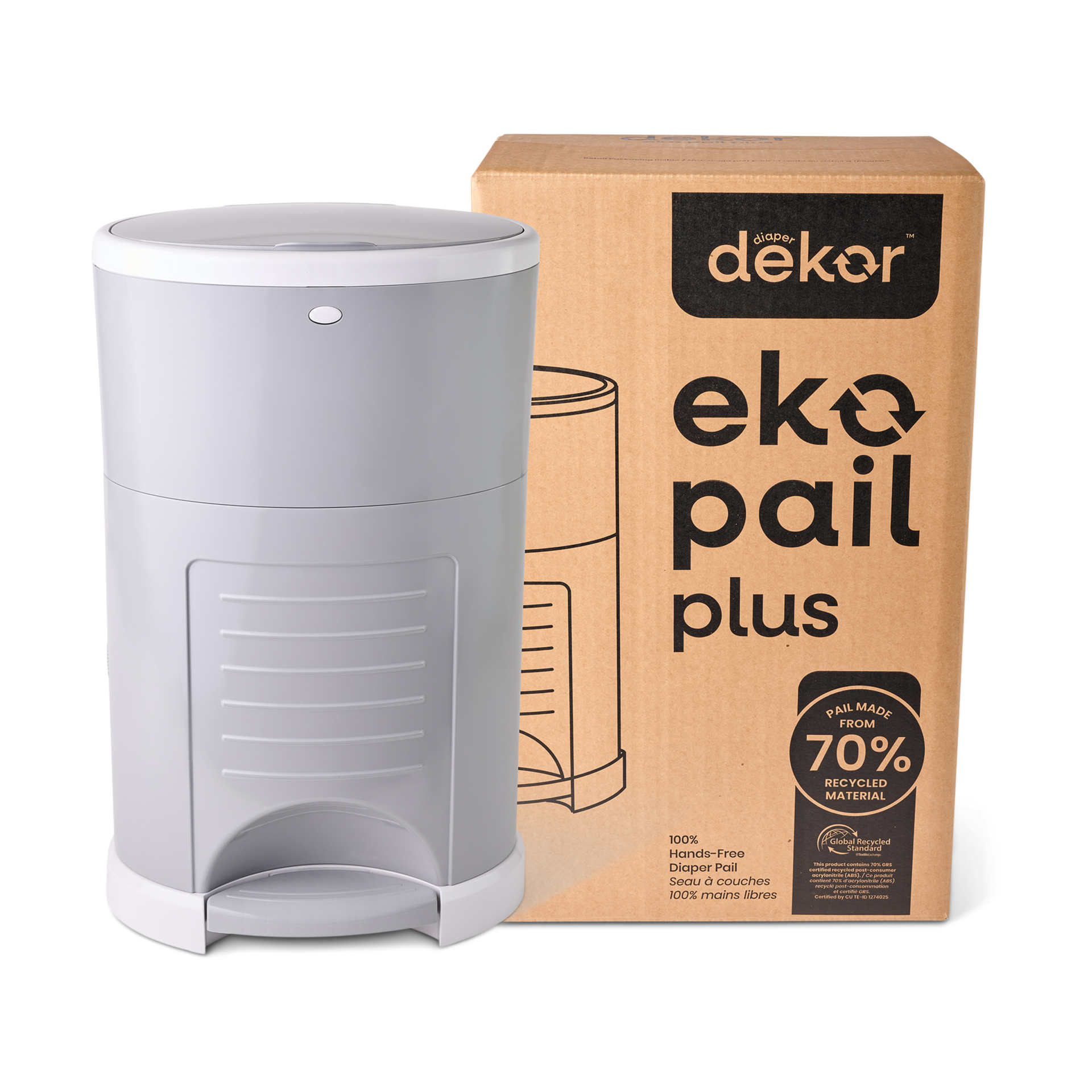 Diaper Dekor Plus Hands-Free Diaper Pail | Largest & Easiest to Use | Just Step–Drop–Done | Doesn’t Absorb Odors | Quick Bag Change | Great for Cloth Diapers | 70% Recycled Materials | EKO Gray