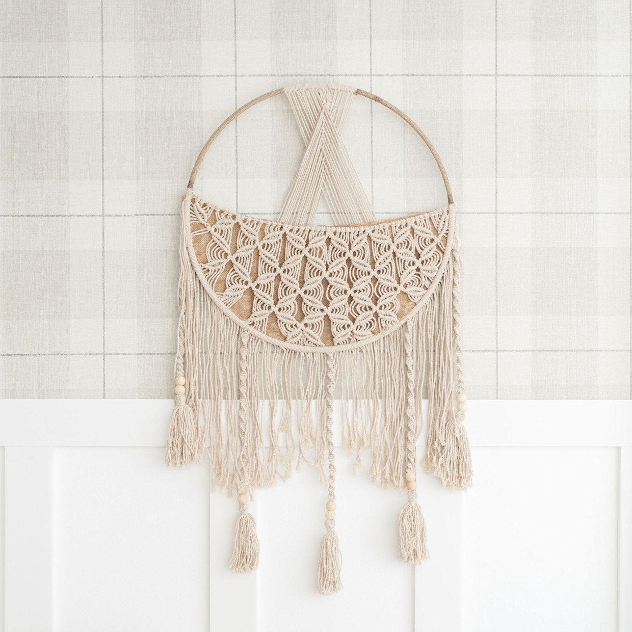 Crane Baby Macrame Toy Storage Basket with Tassels.