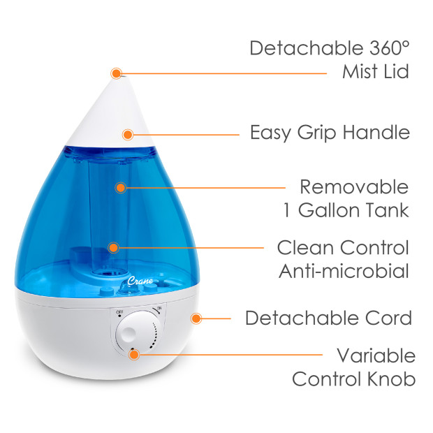 Crane Drop Ultrasonic Cool Mist Humidifier - 1 Gallon - White/Blue.