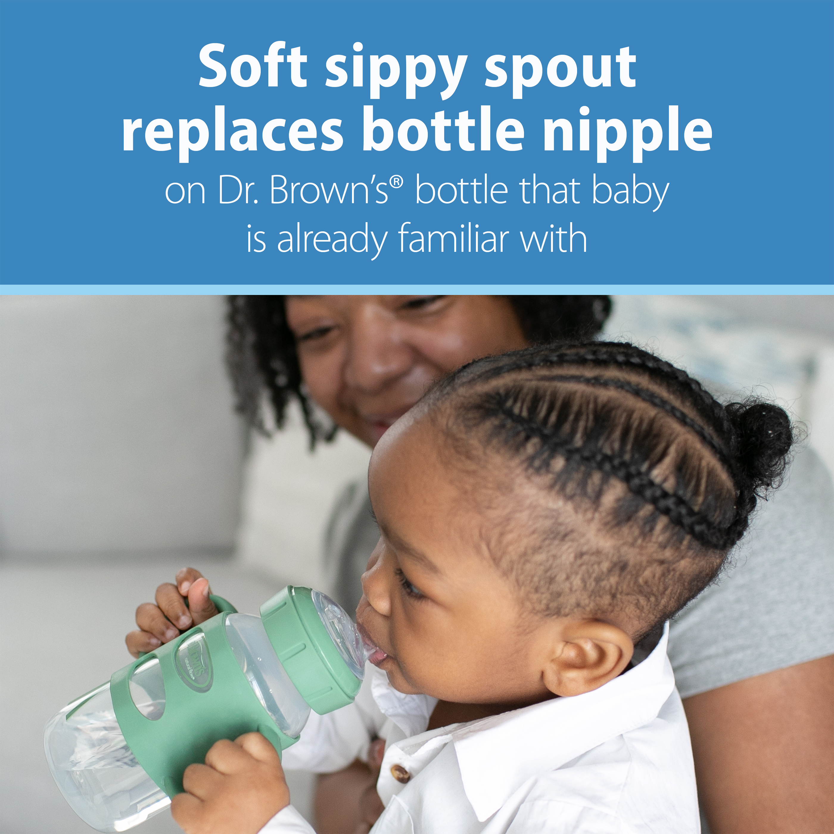 Dr. Brown's Wide-Neck Sippy Spout Bottle with Silicone Handles (2 Pack) - Green & Grey, 9 Oz, 2.