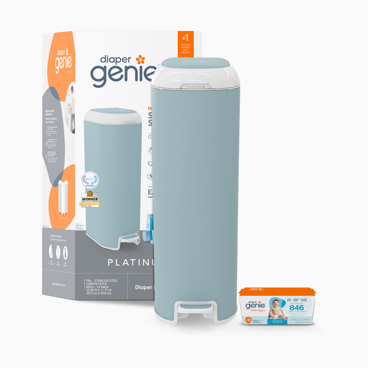 Diaper Genie Platinum Stainless Steel Diaper Pail with Easy Roll Refill Bags - Glacial Blue, Unscented.