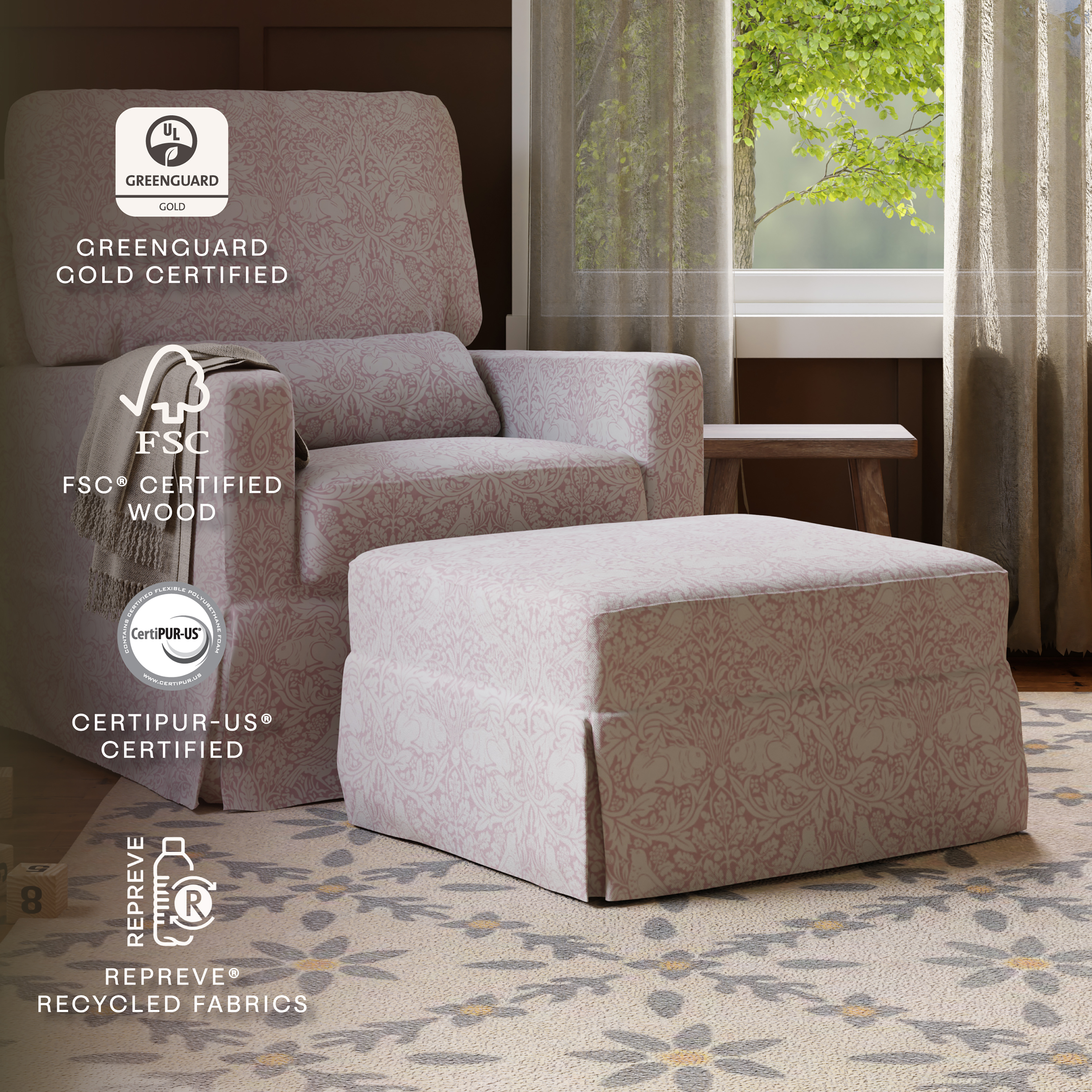 Namesake Morris & Co. x Namesake Crawford Gliding Ottoman - Pure Brer Rabbit In Rose Performance Eco-Weave.