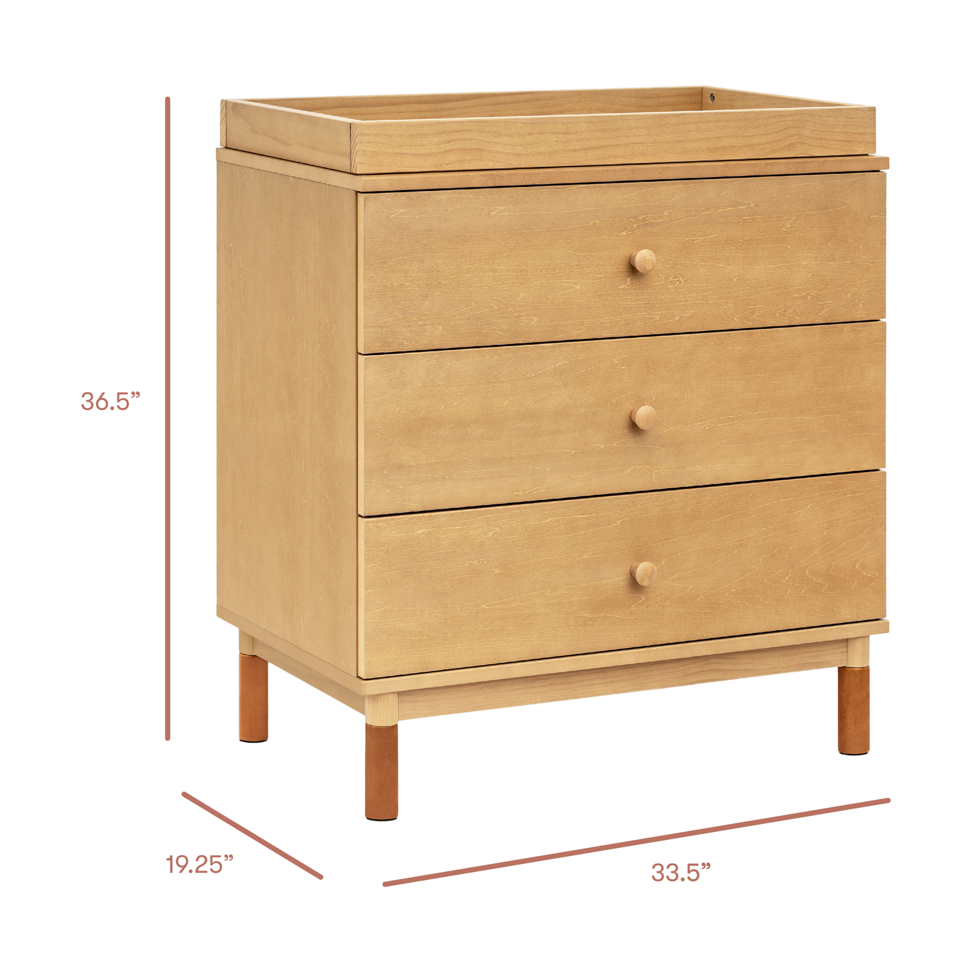 babyletto Gelato 3-Drawer Changer Dresser - Honey With Vegan Tan Leather Feet.