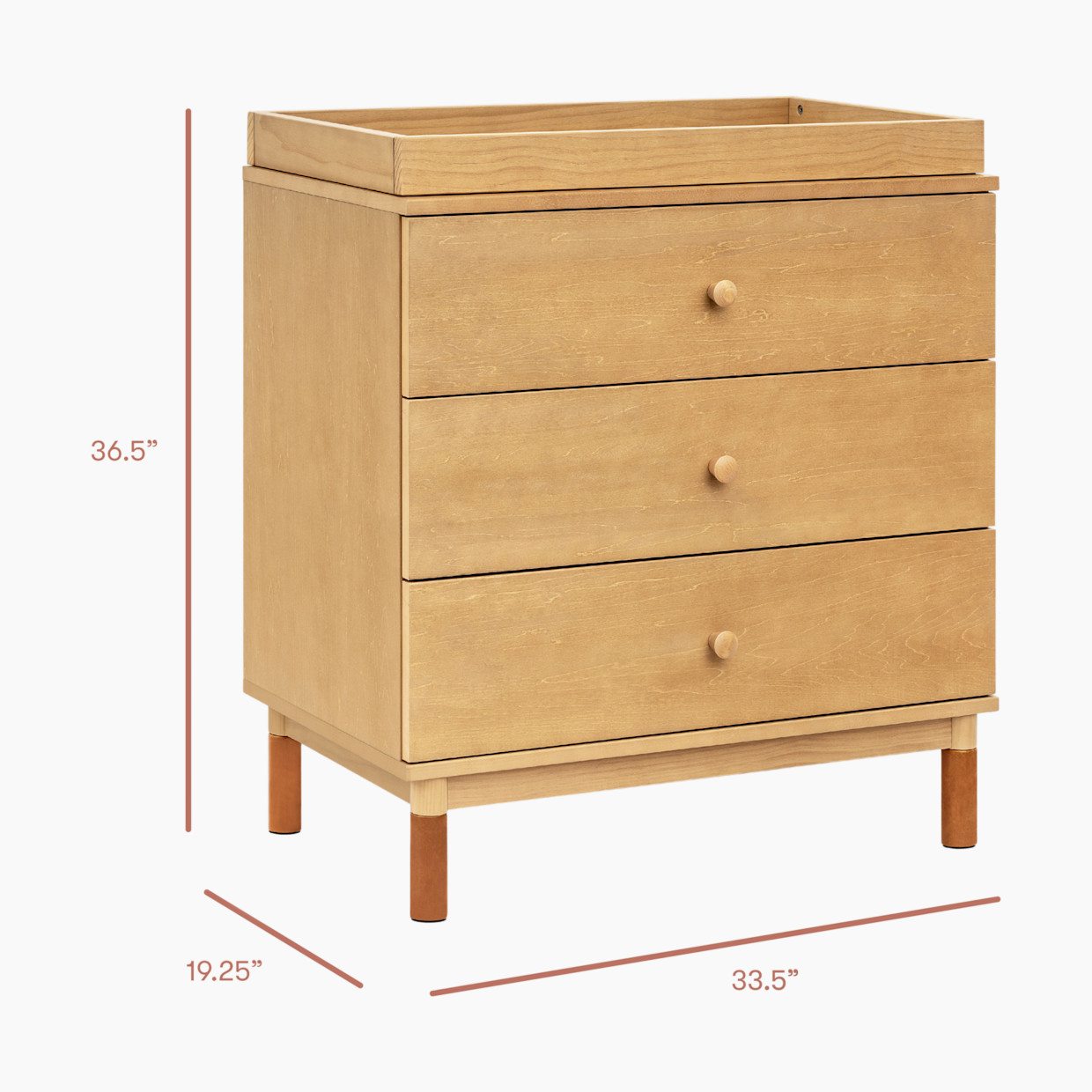 babyletto Gelato 3-Drawer Changer Dresser - Honey With Vegan Tan Leather Feet.