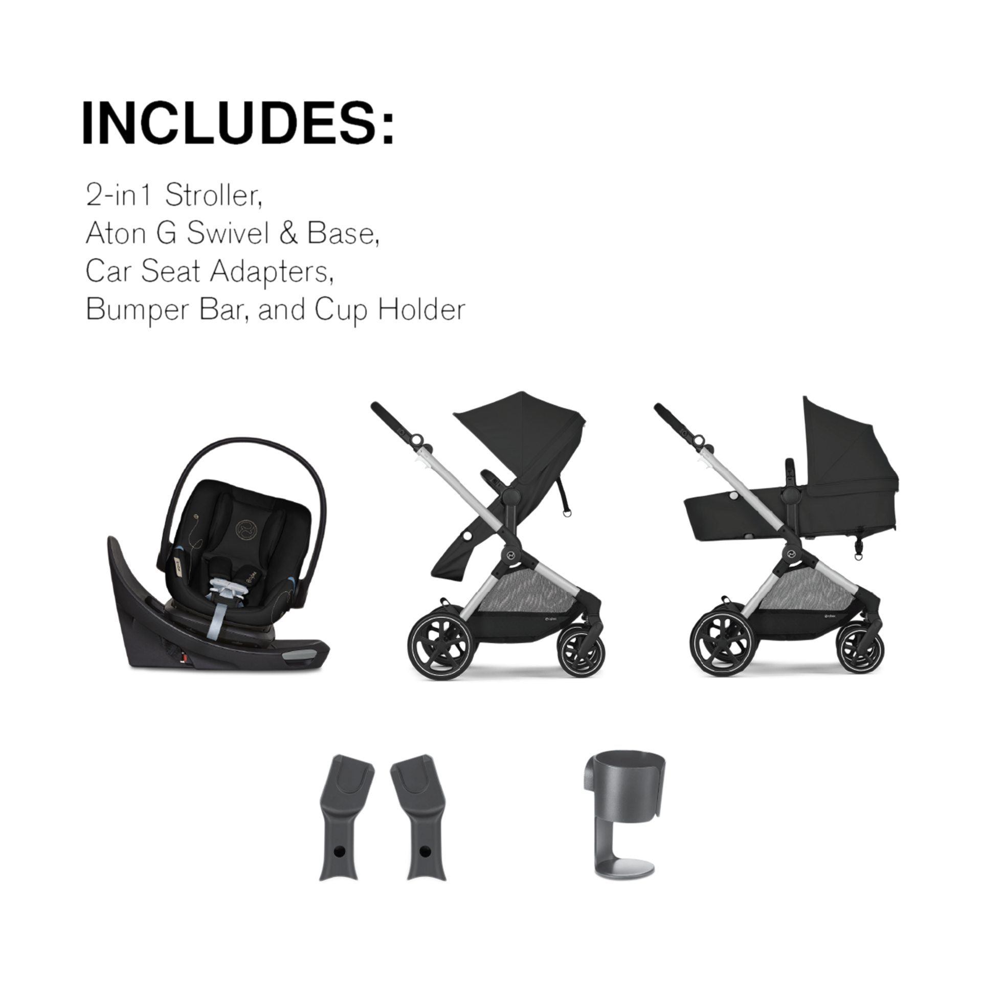 Cybex EOS 5-in-1 Travel System Stroller + Lightweight Aton G Swivel Infant Car Seat - Moon Black/Silver Frame.