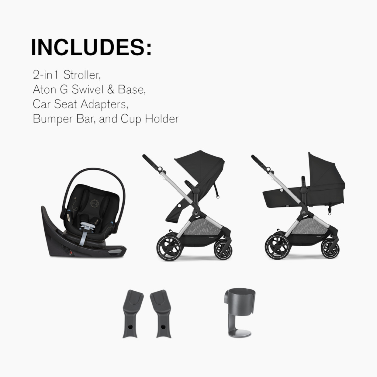 Cybex EOS 5-in-1 Travel System Stroller + Lightweight Aton G Swivel Infant Car Seat - Moon Black/Silver Frame.