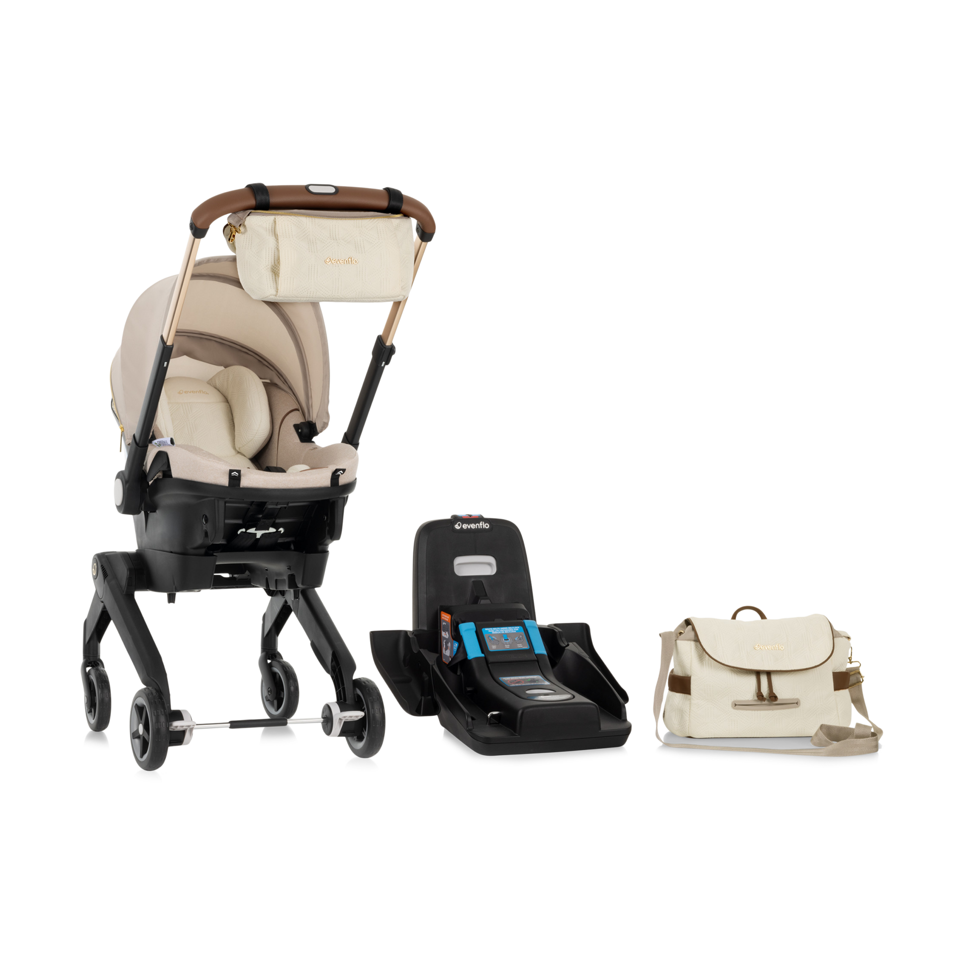 Evenflo Gold Shyft DualRide Infant Car Seat Stroller Combo w Carryall Storage & Extended Canopy - Champagne With Green & Gentle Fabric.