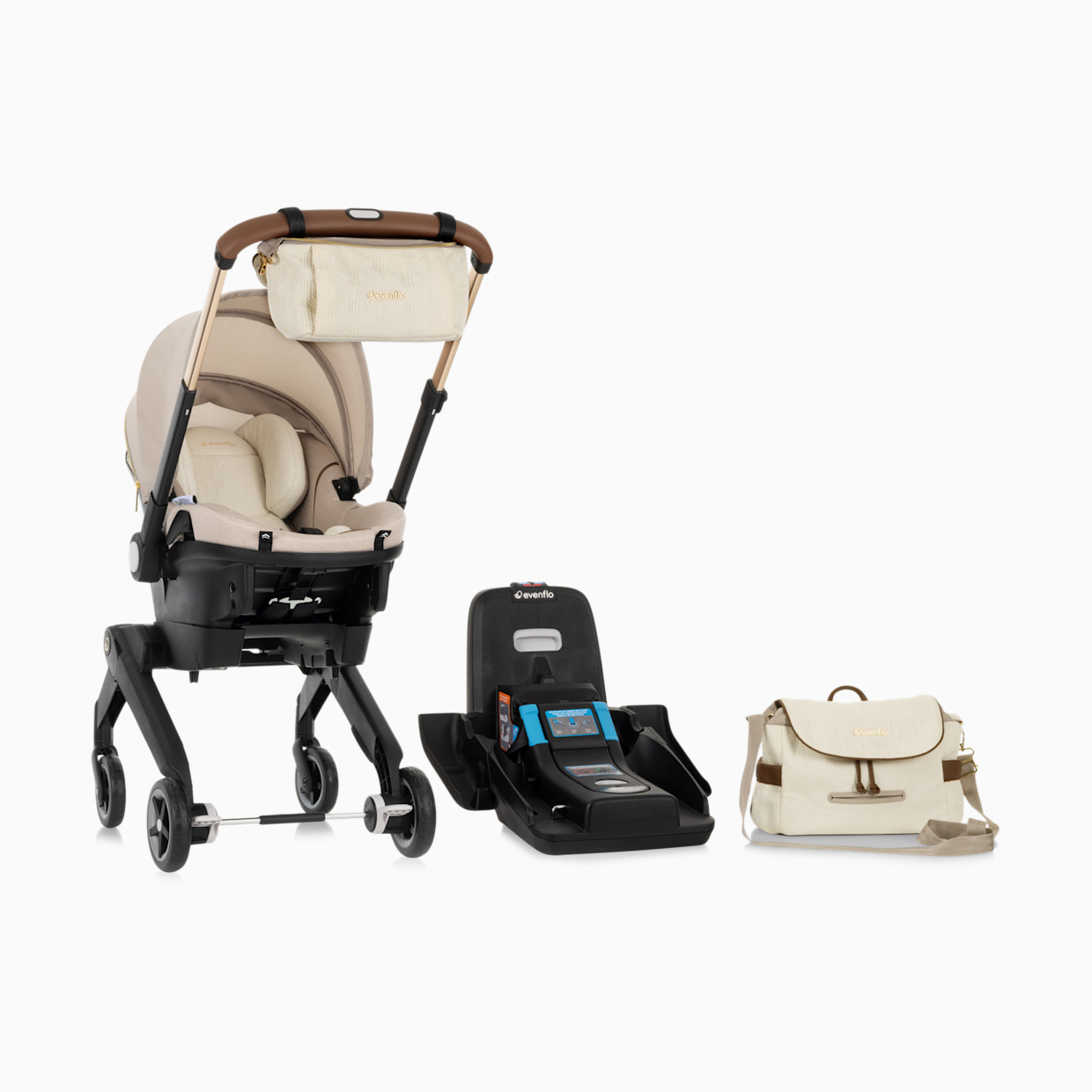 Evenflo Gold Shyft DualRide Infant Car Seat Stroller Combo w Carryall Storage & Extended Canopy - Champagne With Green & Gentle Fabric.