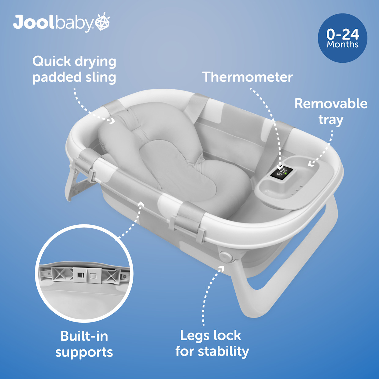 Jool Baby Fold ‘n Store Baby Bathtub With Built-in Thermometer - Grey.