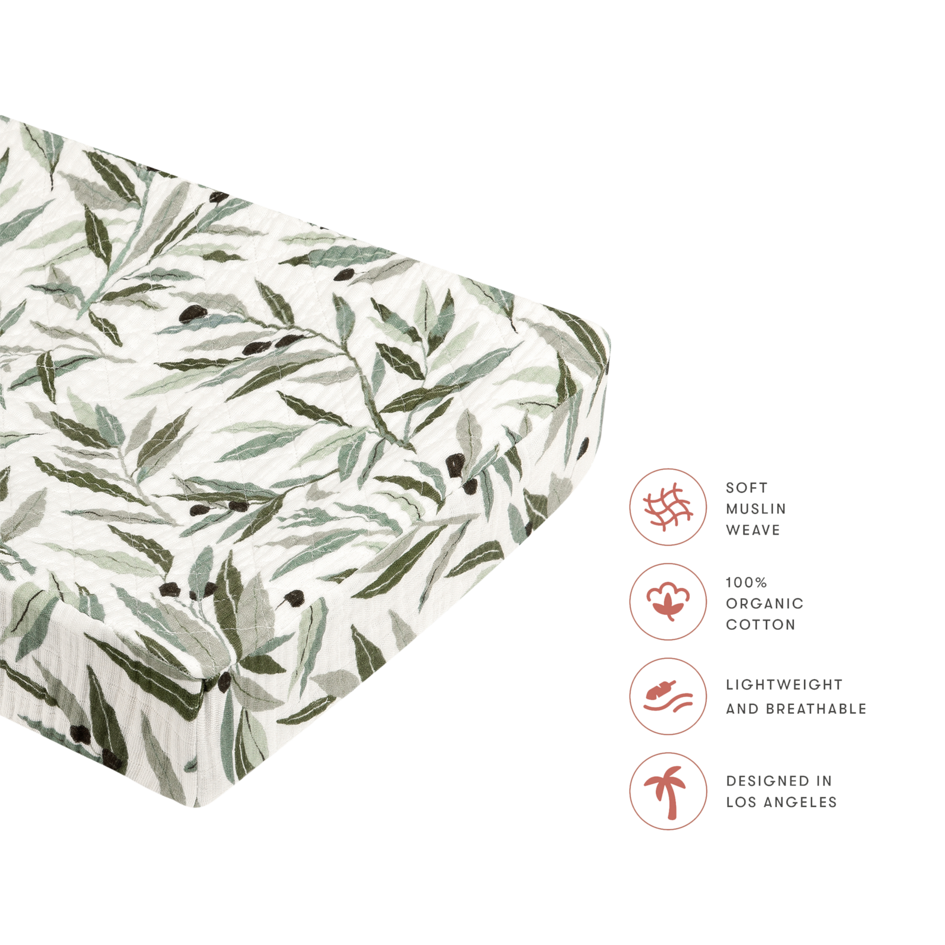 babyletto Quilted Changing Pad Cover in GOTS Certified Organic Muslin Cotton Olive Branches