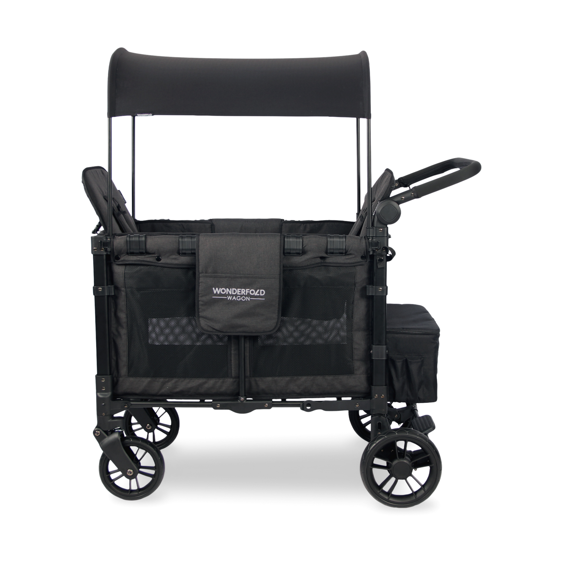 WONDERFOLD W2 Elite Stroller Wagon (2 Seater) - Collapsible Wagon Stroller with Seats with 5-Point Harnesses, Adjustable Push Handle, and Adjustable Sun Canopy, Elite Black