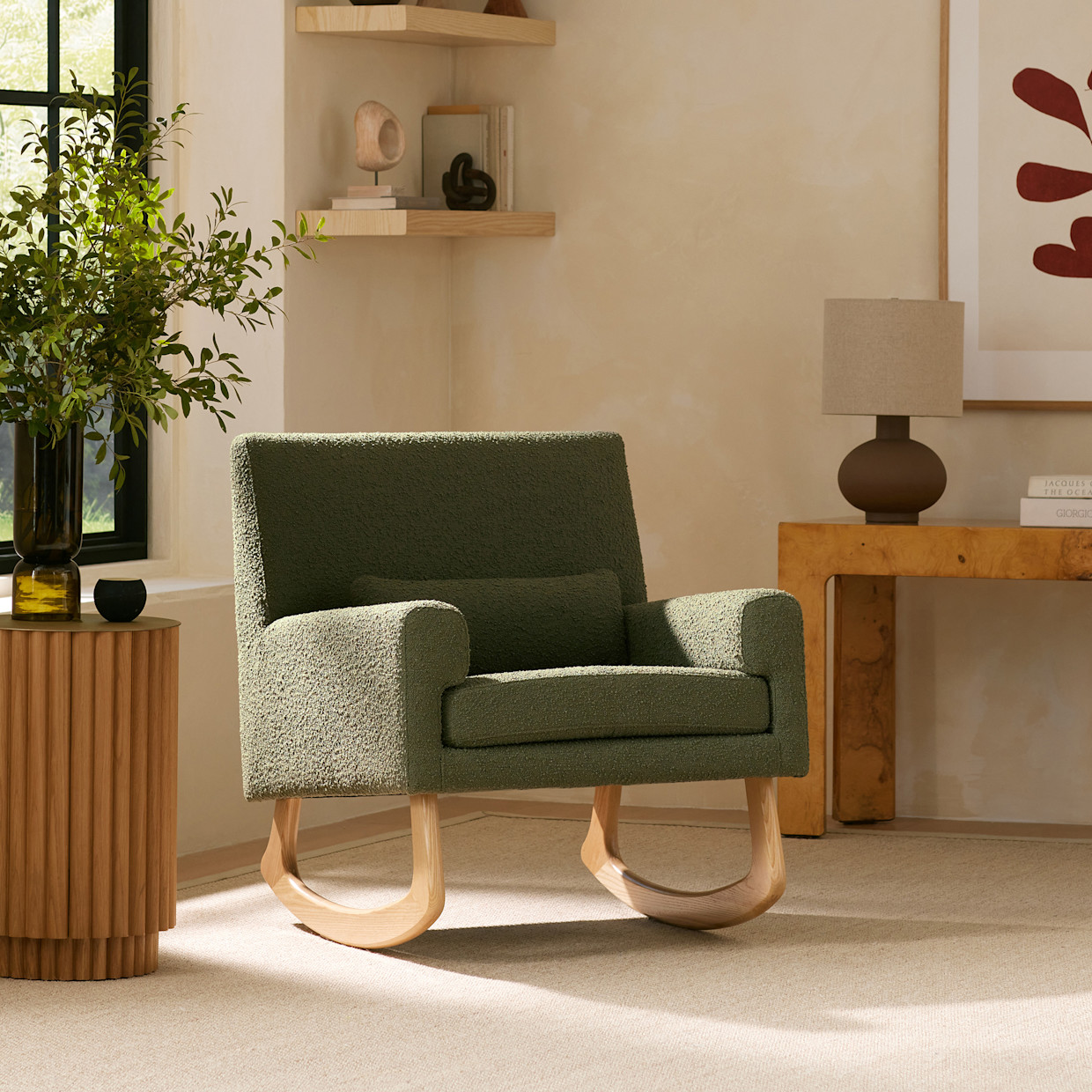 Nursery Works Sleepytime Rocker - Olive Boucle With Light Legs.