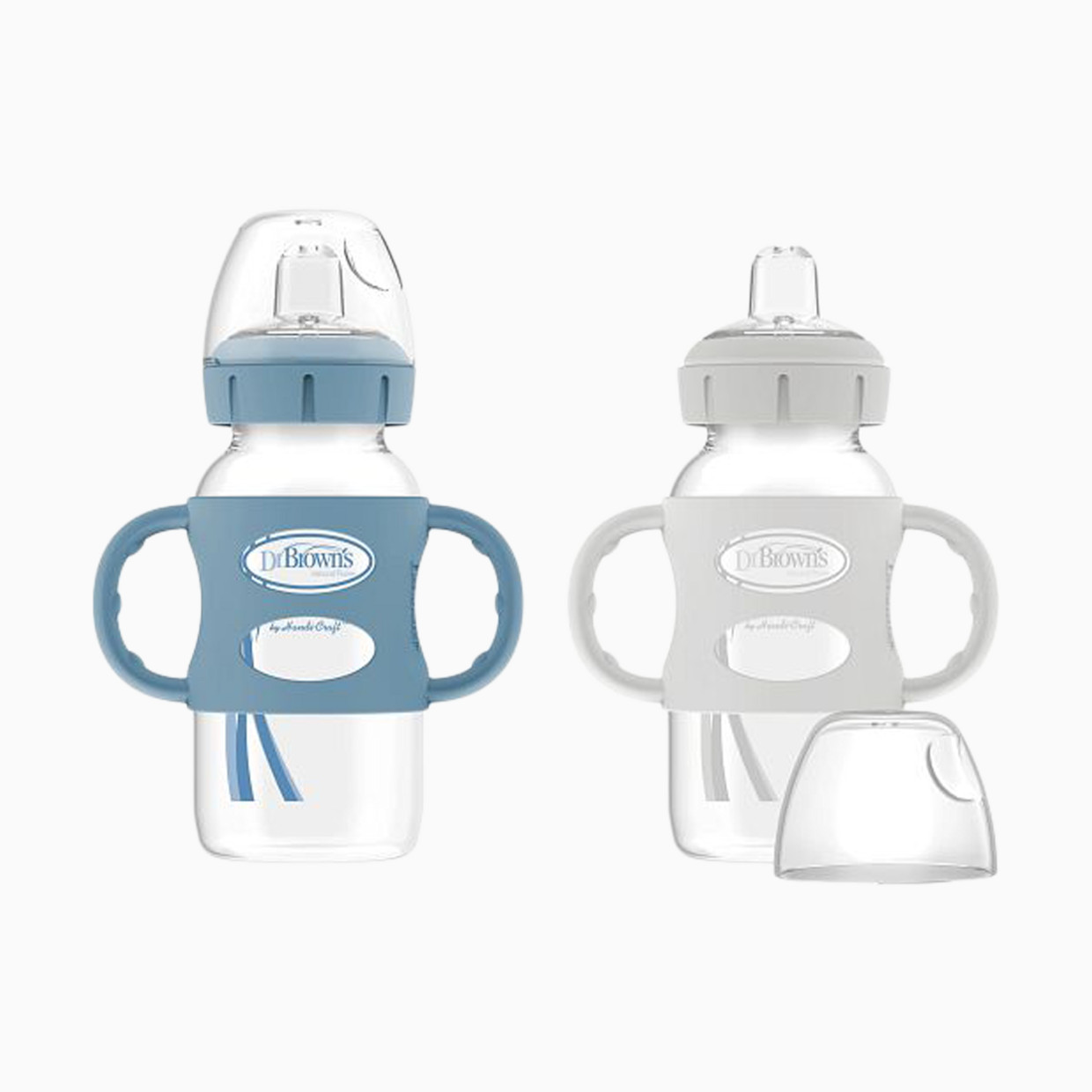 Dr. Brown's Wide-Neck Sippy Spout Bottle with Silicone Handles (2 Pack) - Lt Blue & Gray, 9 Oz, 2.