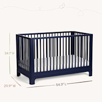 Crib with dimensions 34.1H, 29.9W, 54.3L shown