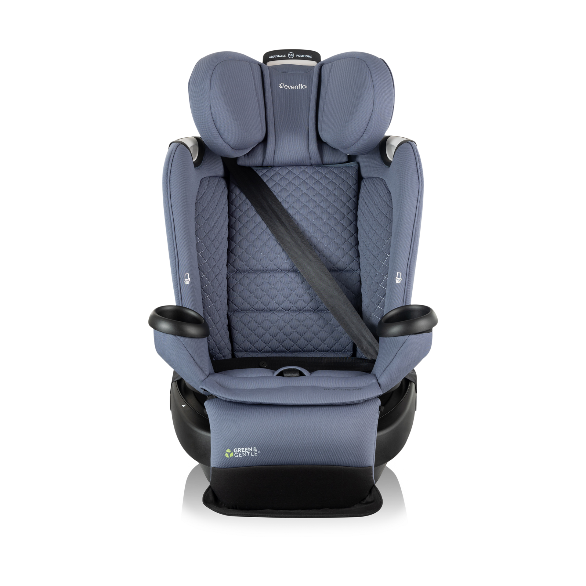 Evenflo Revolve360 Extend All-in-One Rotational Car Seat with Green & Gentle Fabric.
