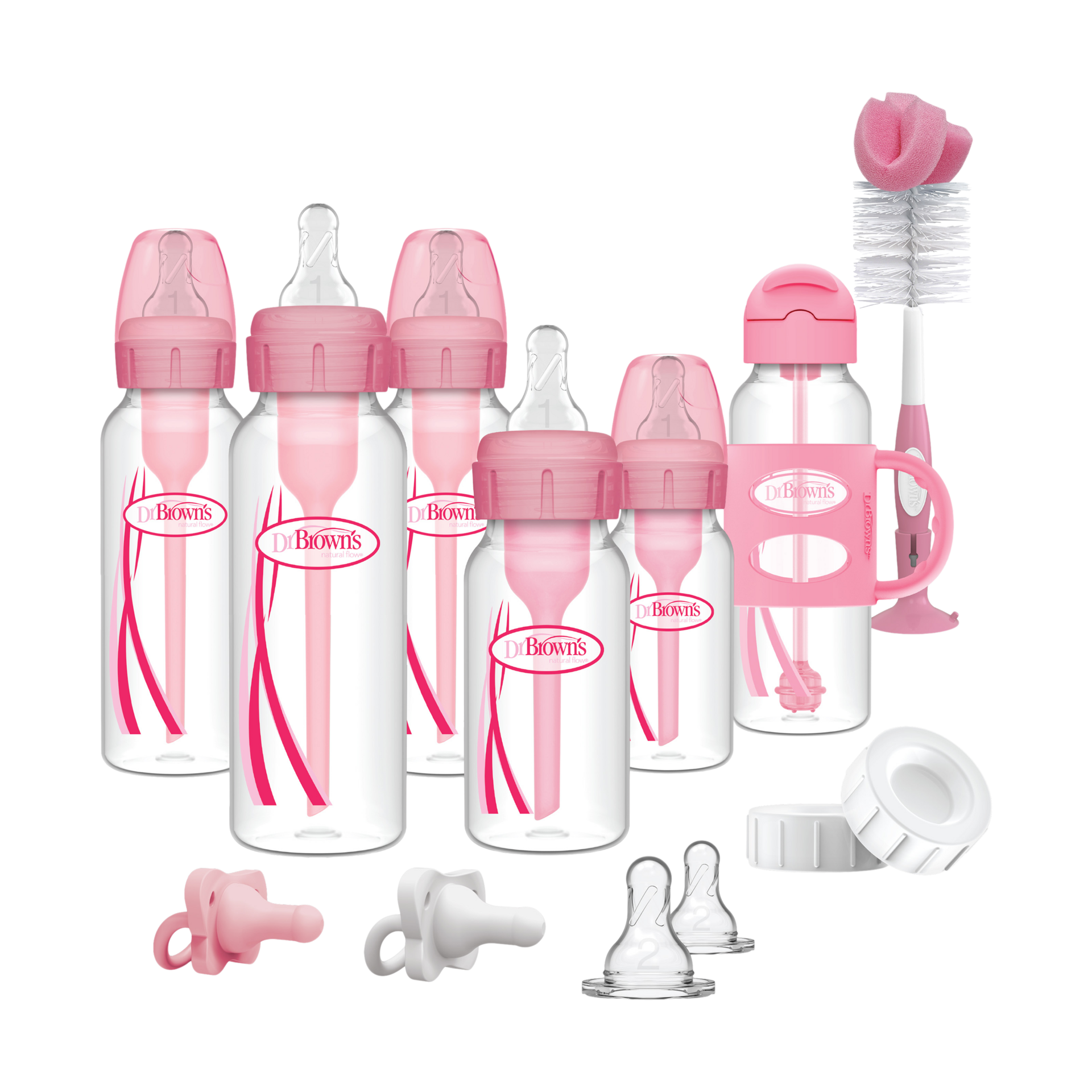 Dr. Brown's Anti-Colic Options+ Narrow Bottle Gift Set with Sippy Straw Bottle, HappyPaci Silicone Pacifiers, Storage/Travel Caps, and Bottle Brush, Pink