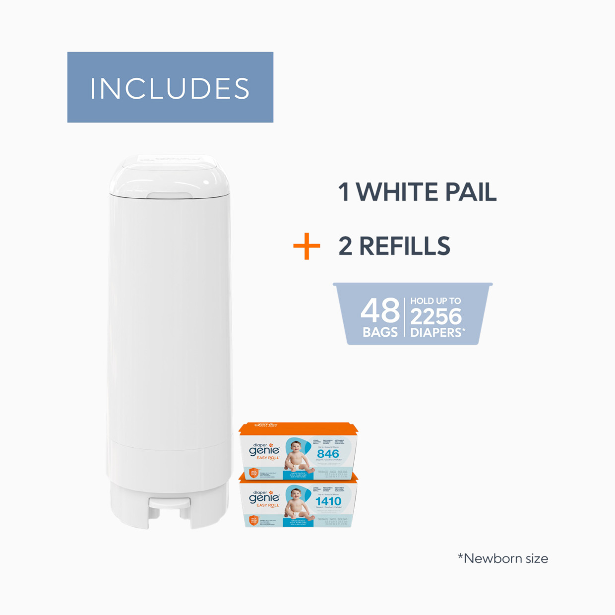 Diaper Genie Signature Diaper Pail Gift Set with 48 Refill Bags - White, Unscented.
