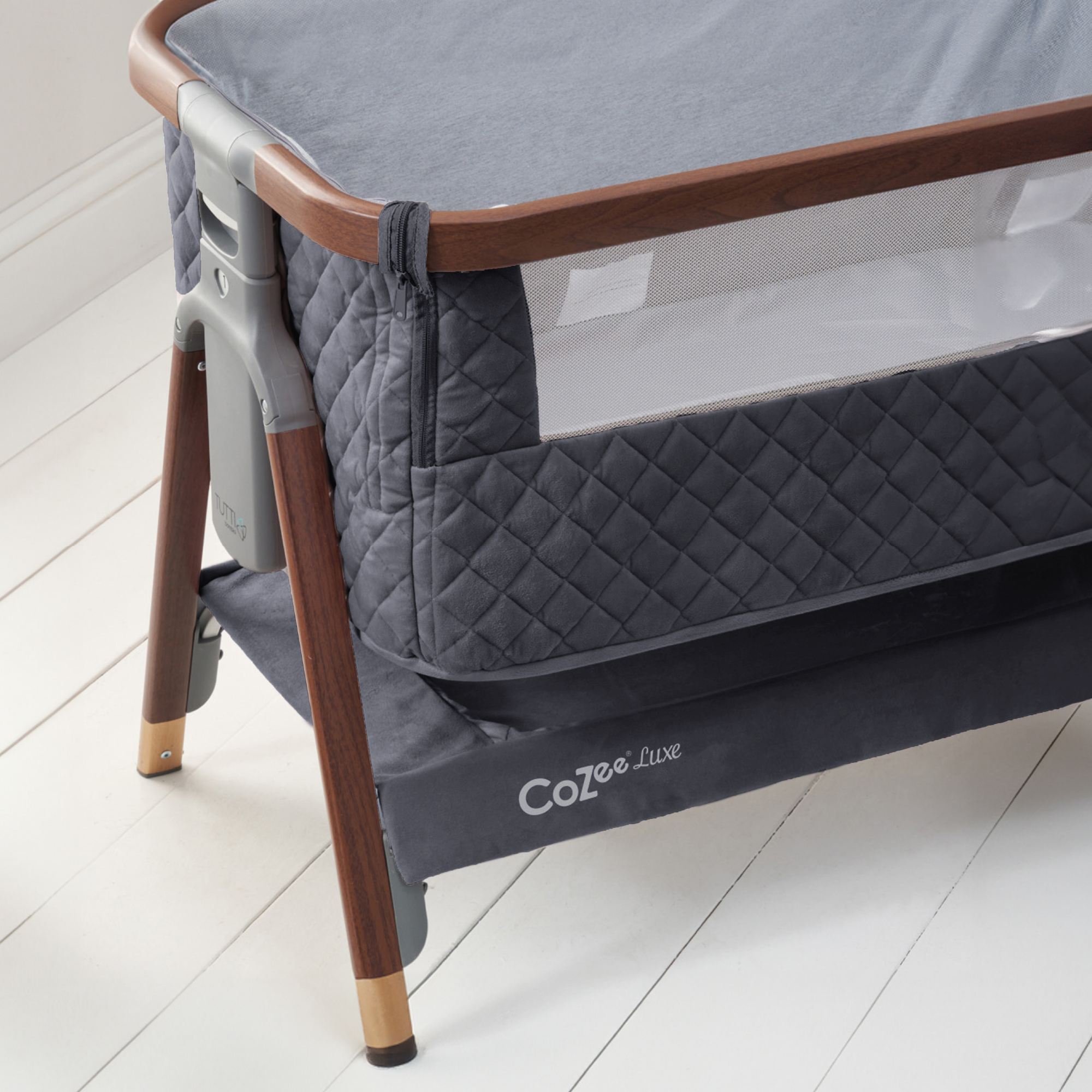 Tutti Bambini CoZee Luxe Bedside Crib - Walnut/Slate Grey.