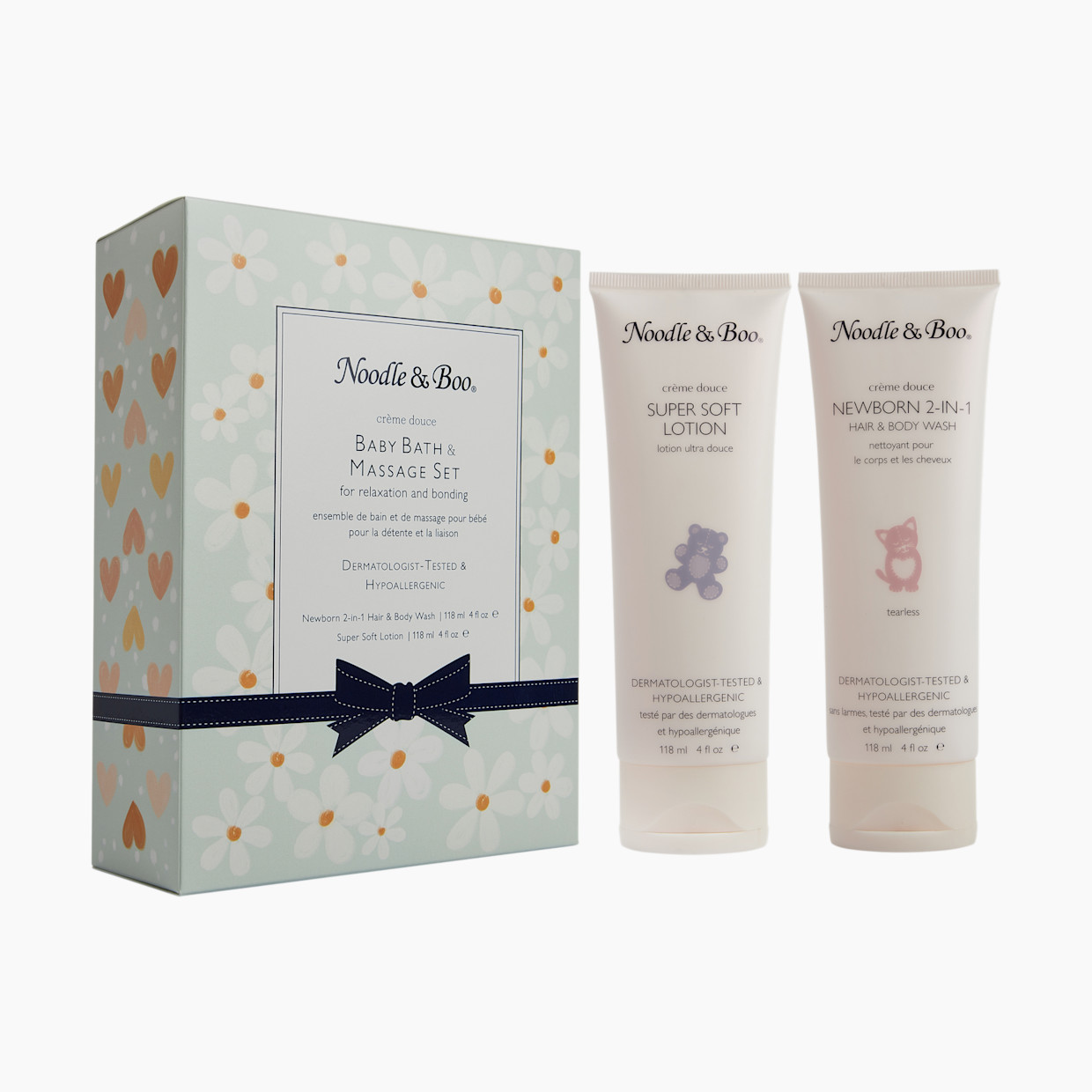 Noodle & Boo Baby Bath & Massage Set - Green Hearts & Daisies.