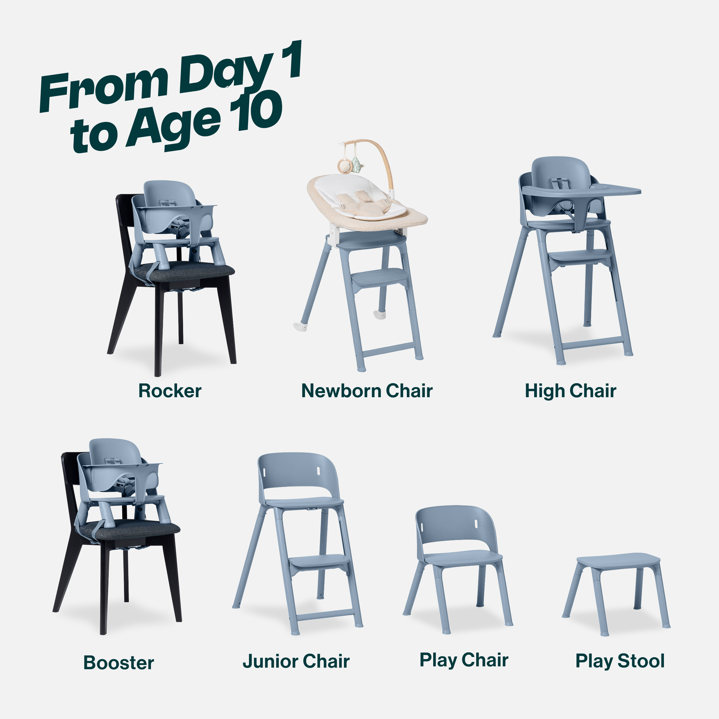 Lalo 7-in-1 High Chair + Newborn Rocker Bundle - Slate.