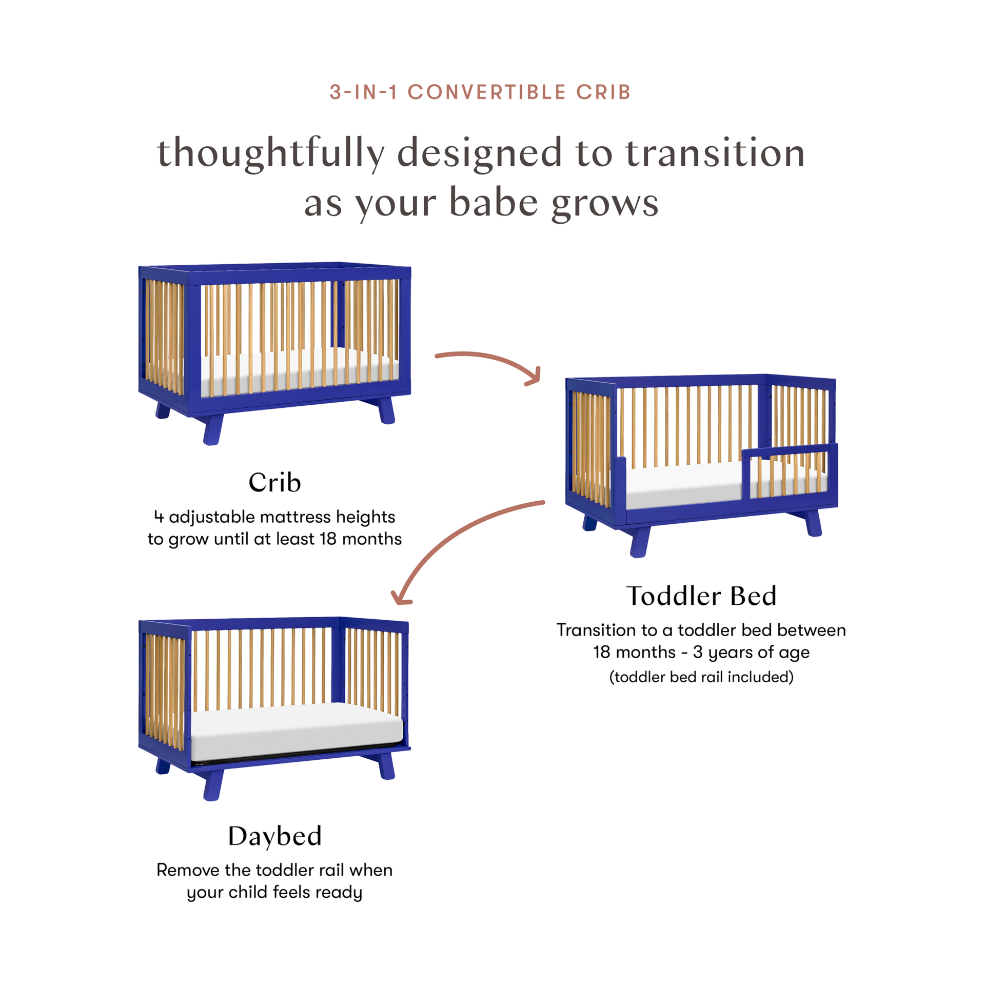 babyletto Hudson 3-in-1 Convertible Crib with Toddler Bed Conversion Kit - Cobalt And Honey.