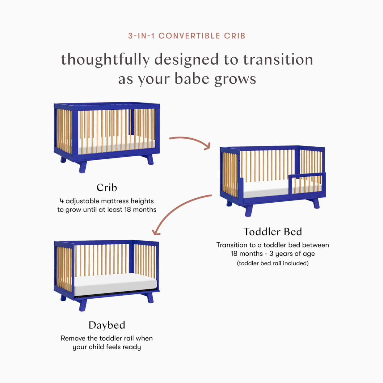 babyletto Hudson 3-in-1 Convertible Crib with Toddler Bed Conversion Kit - Cobalt And Honey.