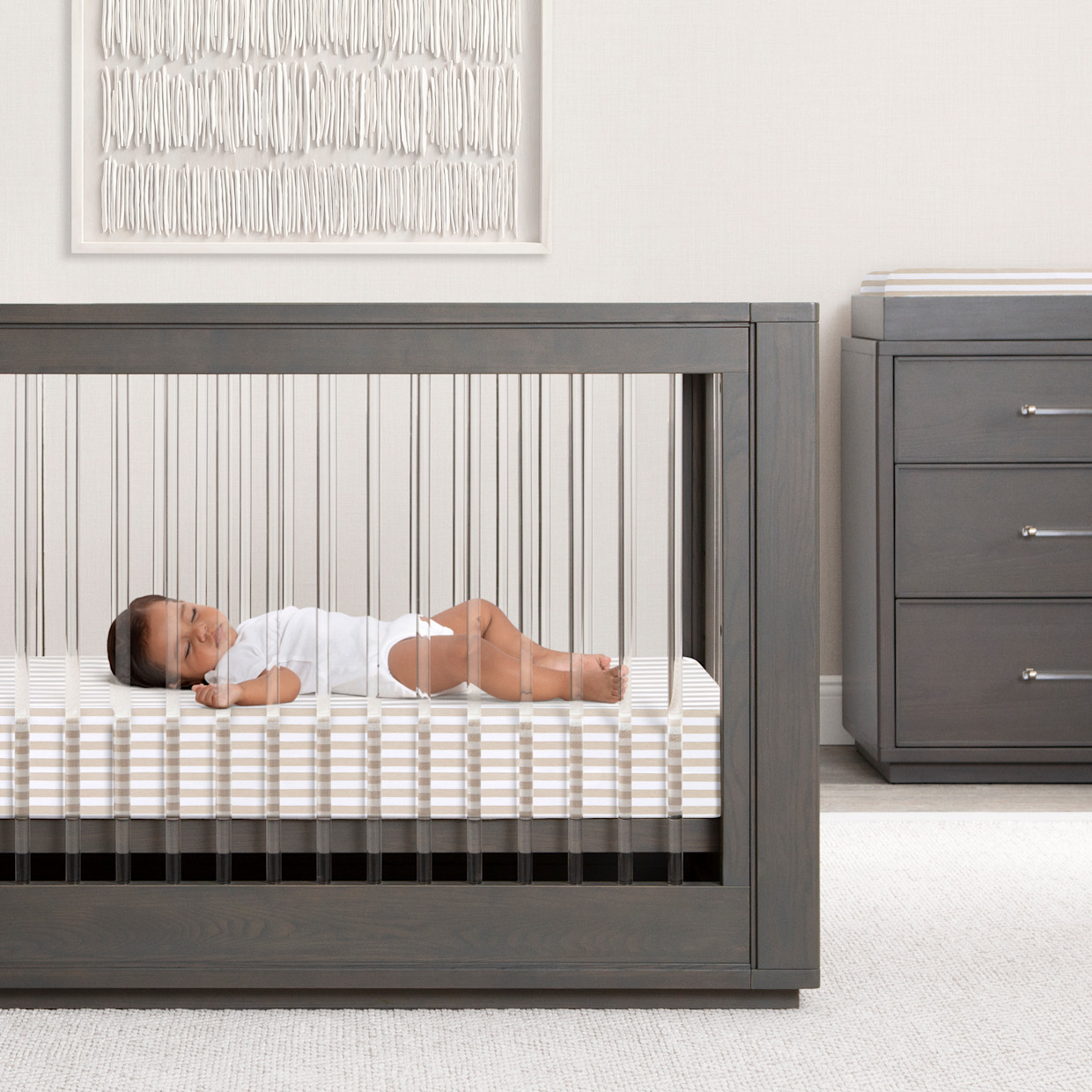 Bellini Organic Jersey Cotton Crib Sheet and Changing Pad Cover Set - Tan Stripe.