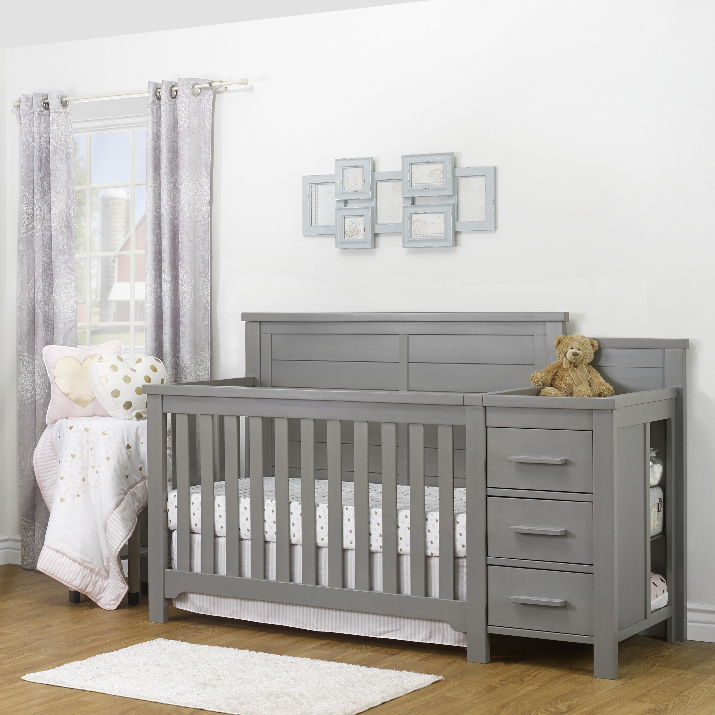 Sorelle Farmhouse Crib & Changer - Weathered Gray.