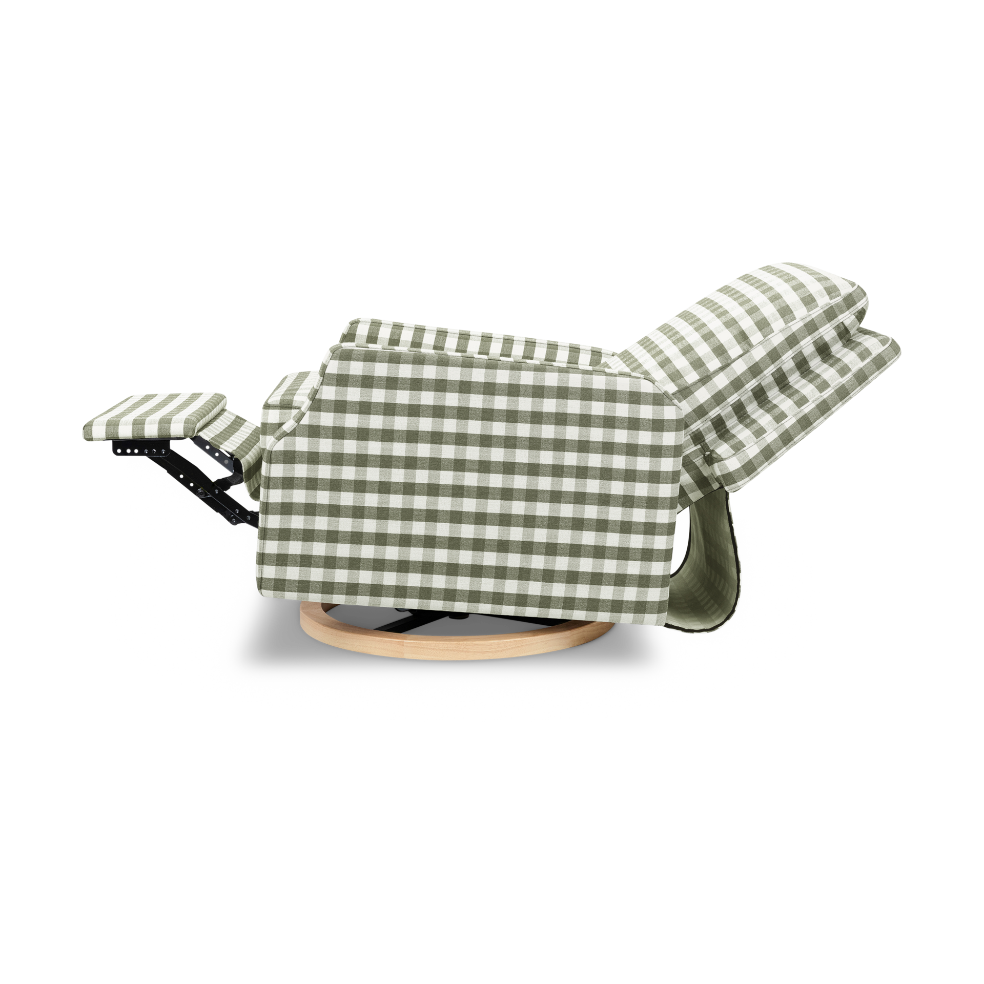 Namesake Crewe Recliner and Swivel Glider - Moss Green Gingham With Light Wood Base.