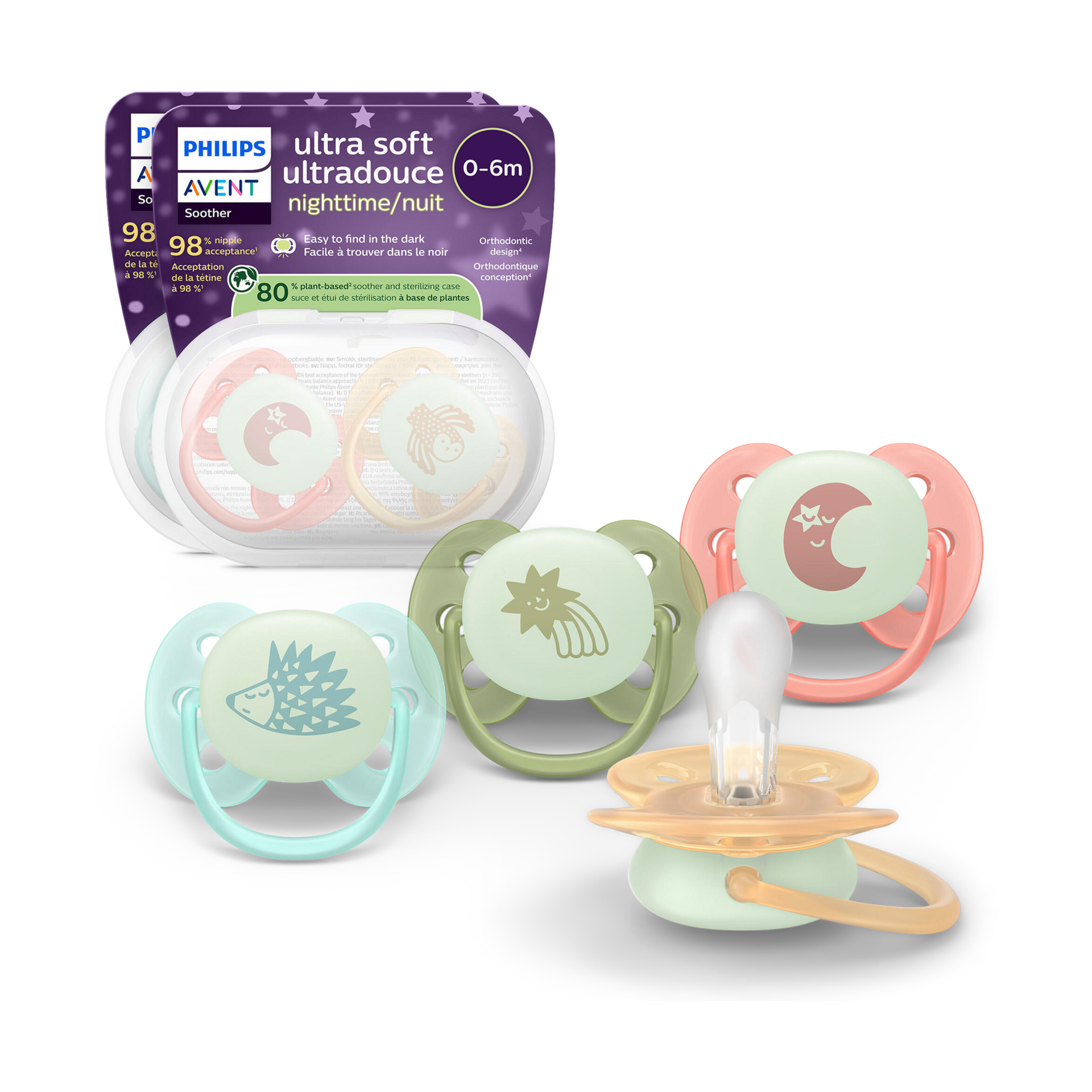 Philips Avent Ultra Soft Pacifier 0-6M (4 Pack) - Day & Night, 0-6M.