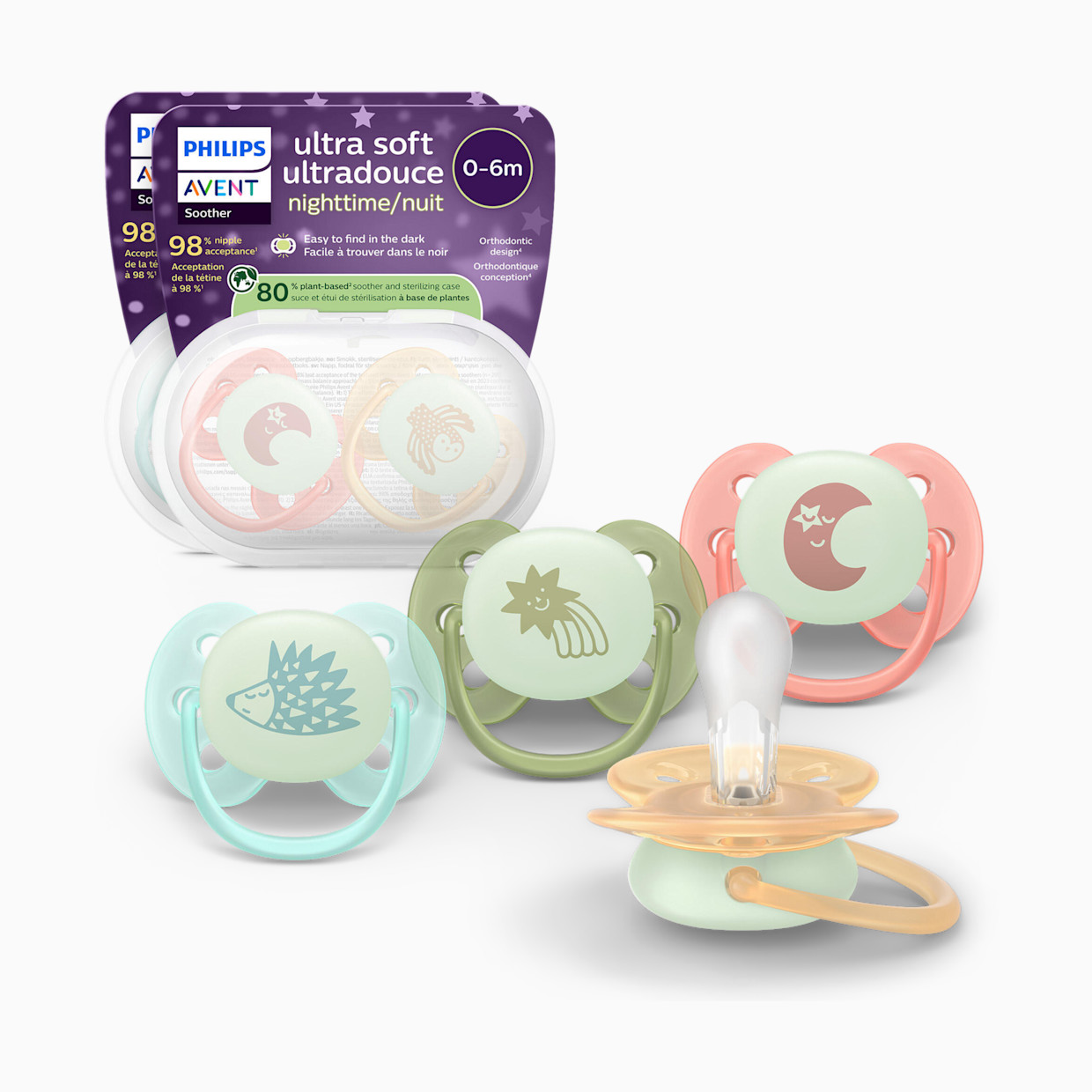 Philips Avent Ultra Soft Pacifier 0-6M (4 Pack) - Day & Night, 0-6M.