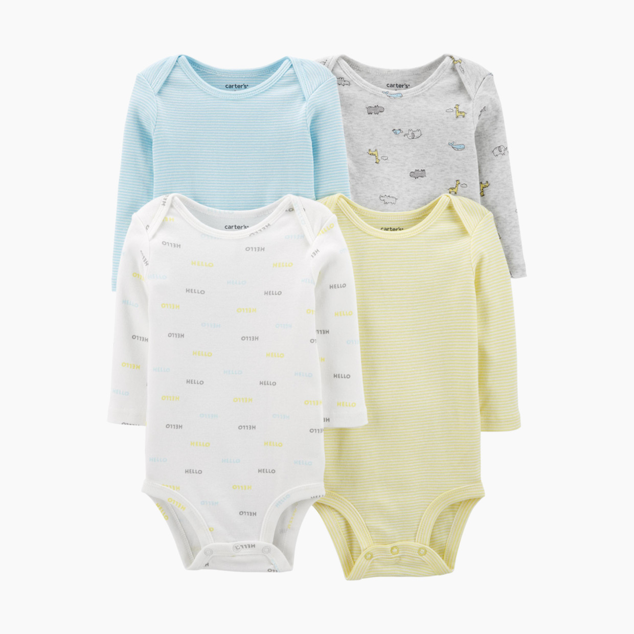 Carter's Long Sleeve Bodysuit (4 Pack) - Multi (Ivory Zoo Animals), 0-3 Months.