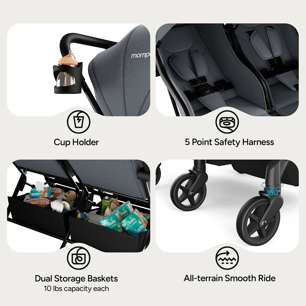 Mompush Lithe Double Stroller - Gray.
