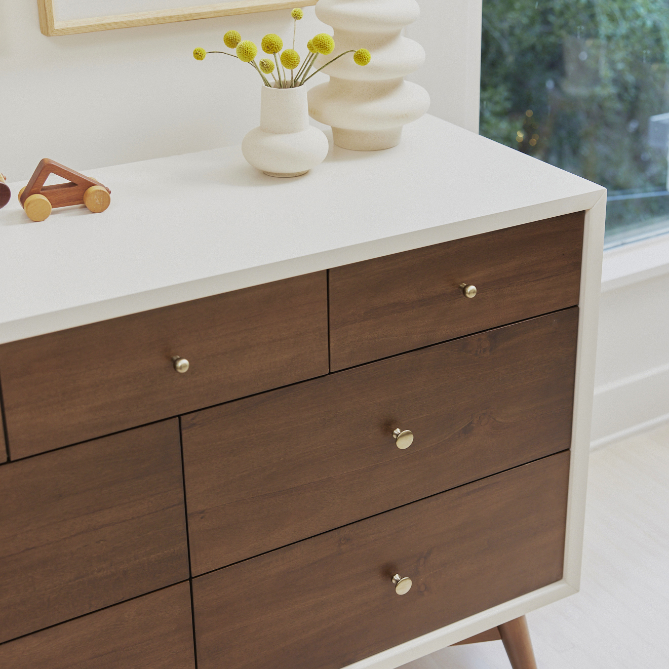 babyletto Palma 7-Drawer Assembled Double Dresser - Warm White With Natural Walnut.