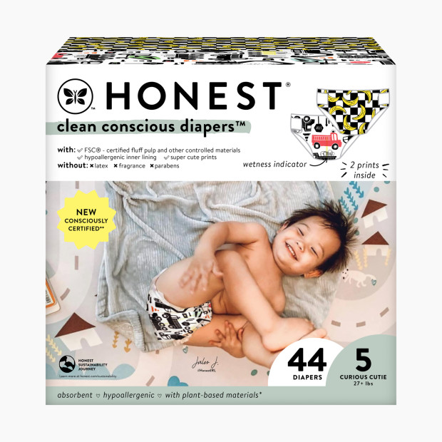 The Honest Company Clean Conscious Disposable Diapers - Big Trucks + So Bananas, Size 5, 44 Count.
