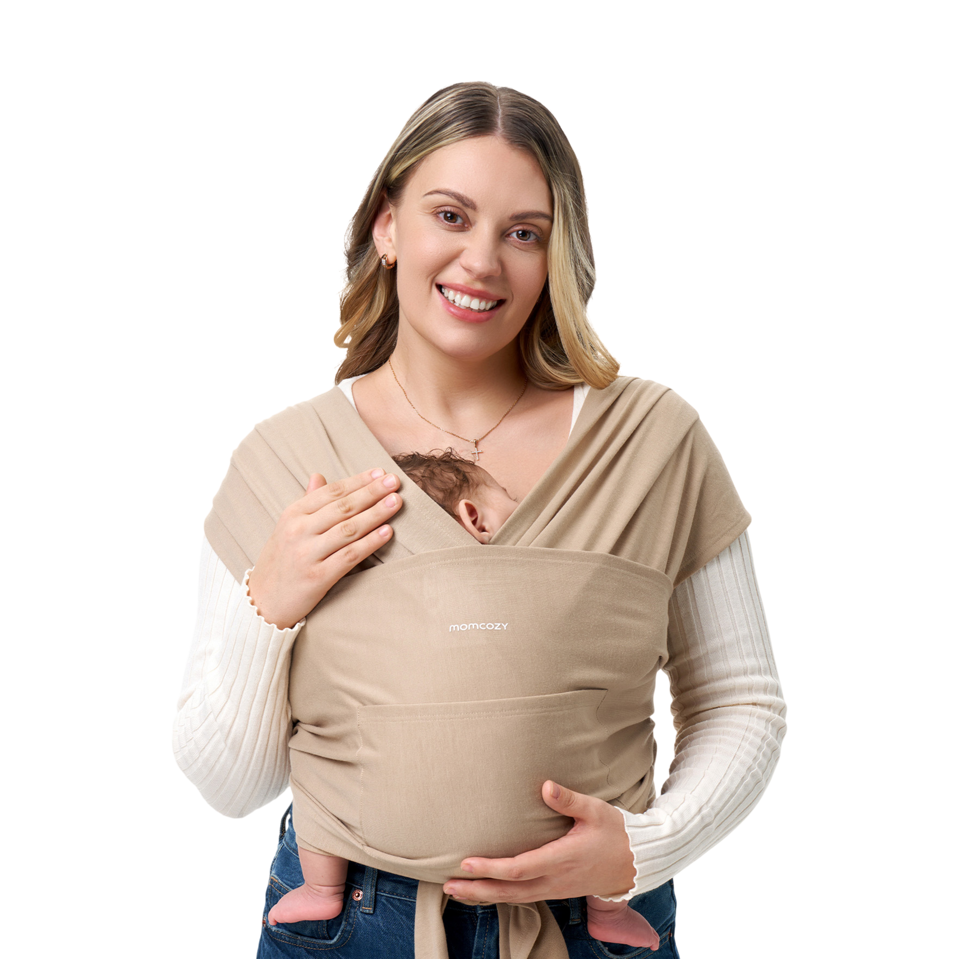 Momcozy Baby Wrap Carrier - Easy to Wear Infant Carrier Slings, Lightweight Hands Free Baby Sling, Adjustable Baby Carriers for Newborn to Toddler 8-35 lbs, Baby Wraps Carrier, Brown