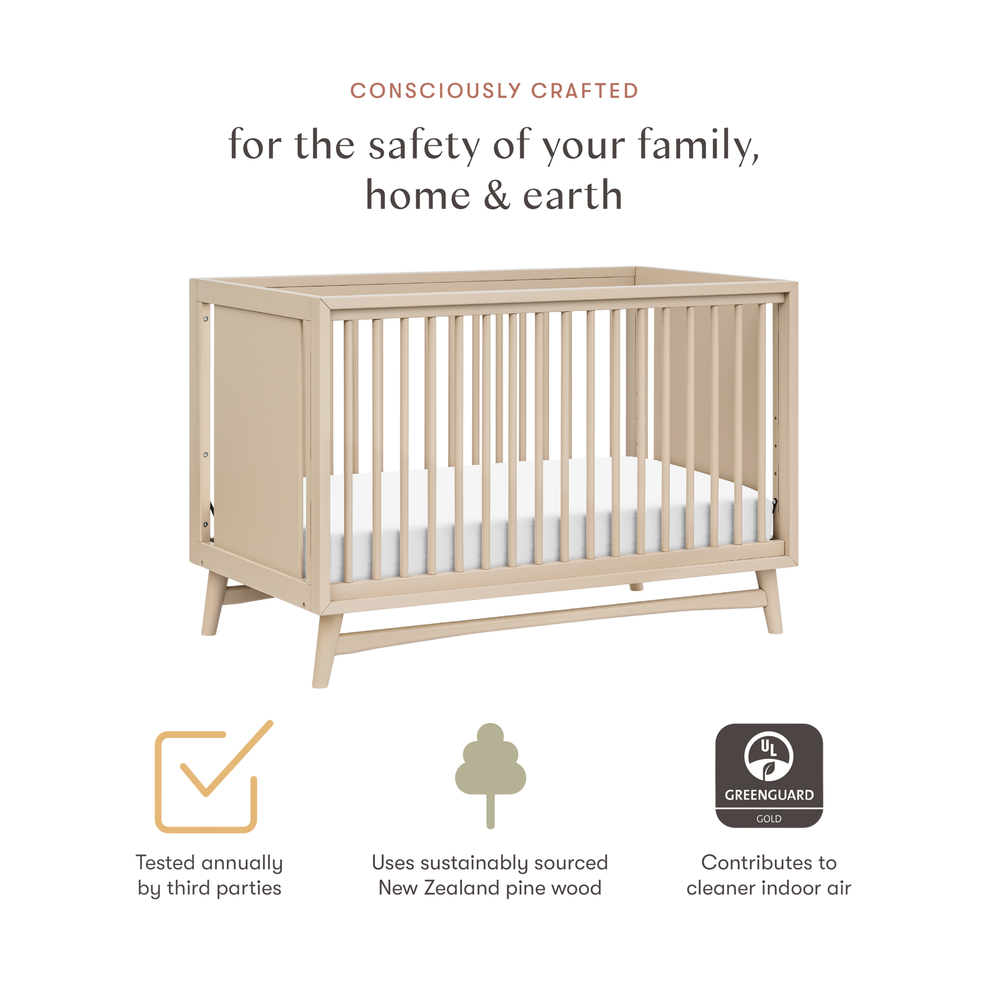 babyletto Peggy 3-in-1 Convertible Crib with Toddler Bed Conversion Kit - Taupe.