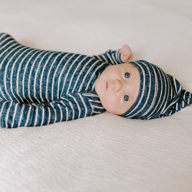 Aden + Anais Snuggle Knit Knotted Gown and Hat Set - Navy Stripe.